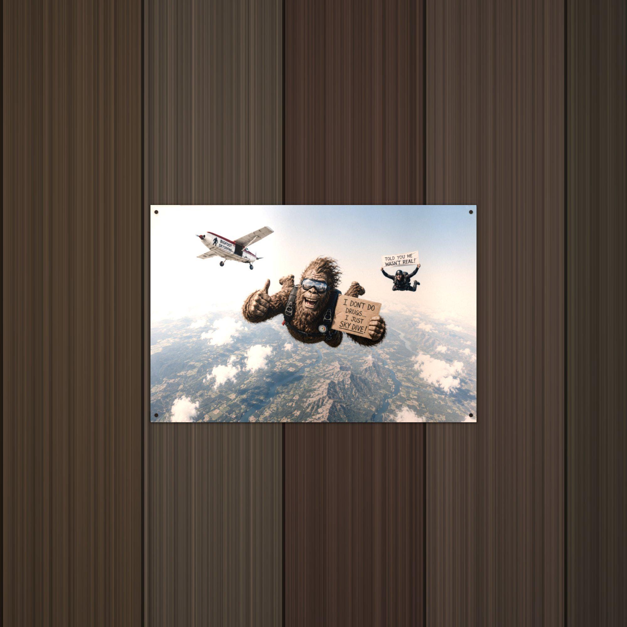 Skydiving Bigfoot Metal Sign Bigfoot Aluminum Sign — lifestyle setting