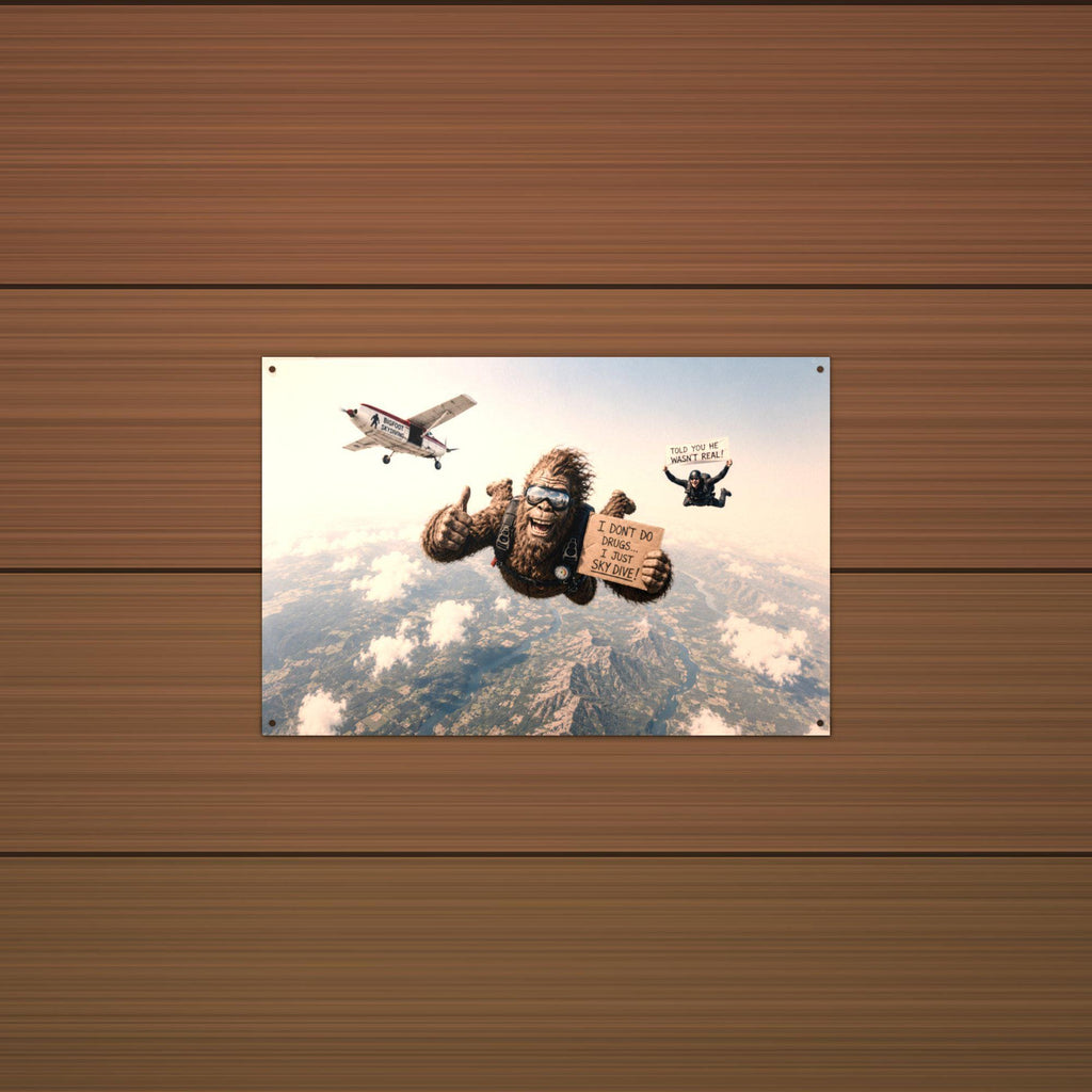 Skydiving Bigfoot Metal Sign Bigfoot Aluminum Sign — detail view