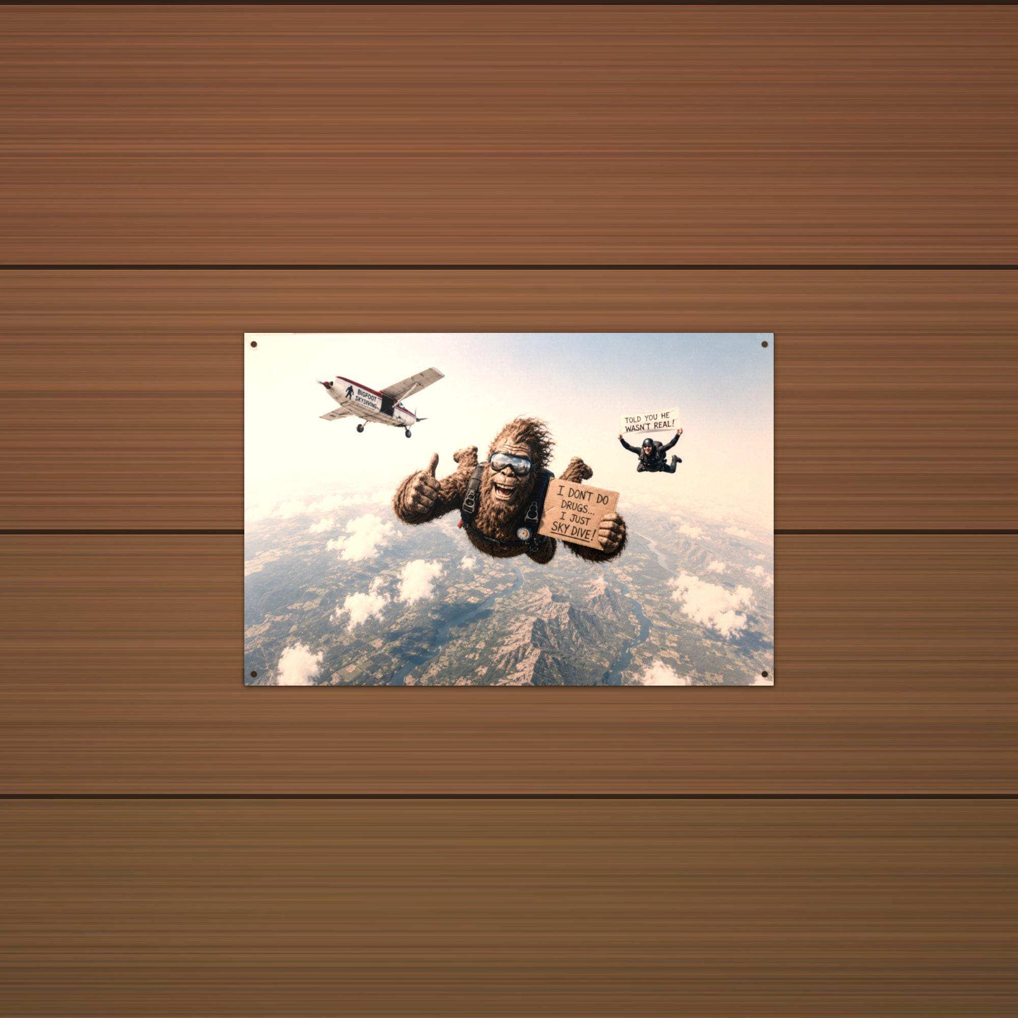 Skydiving Bigfoot Metal Sign Bigfoot Aluminum Sign — detail view