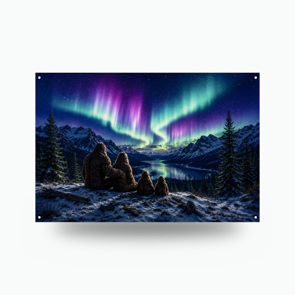 Northern Lights Bigfoot Metal Sign Bigfoot Aluminum Sign — front view on white background