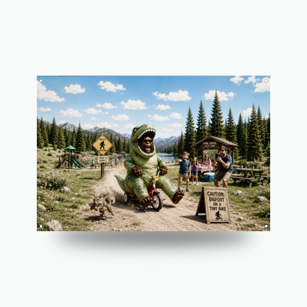 Dino Trike Bigfoot Metal Sign Bigfoot Aluminum Sign — front view on white background