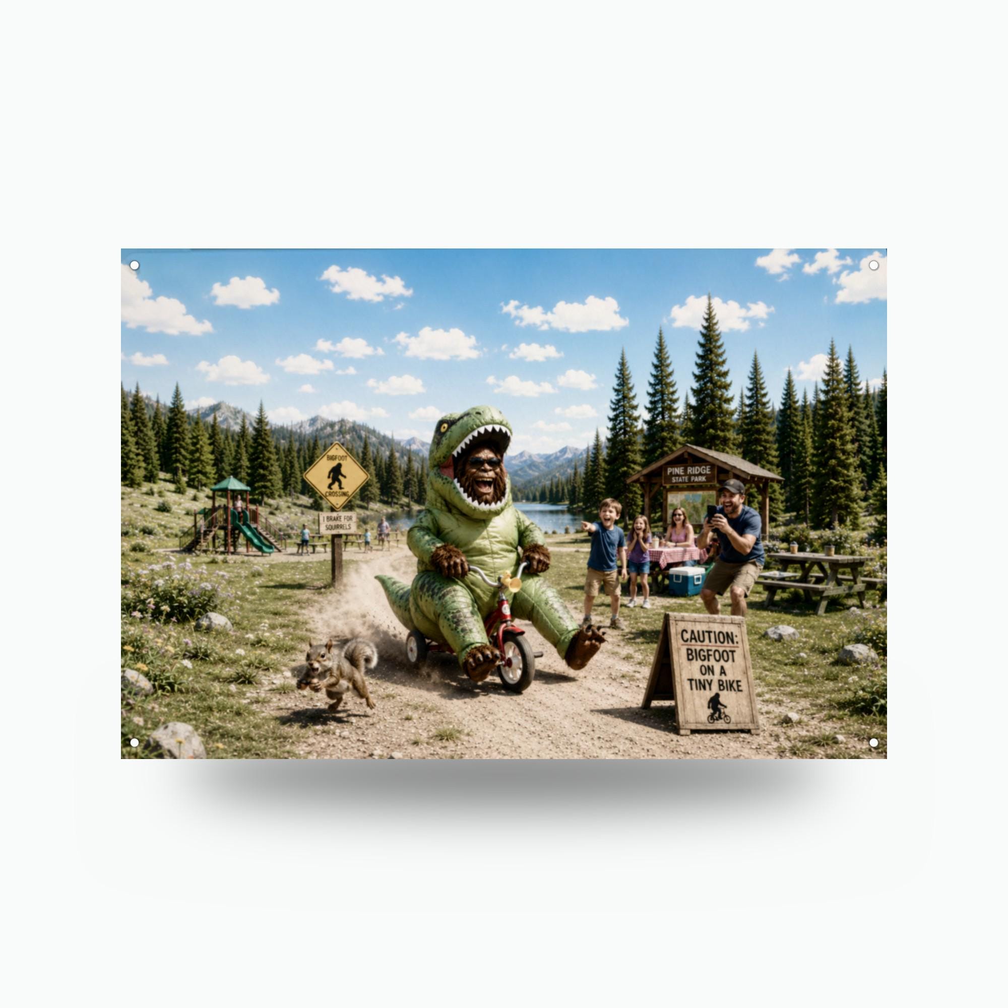 Dino Trike Bigfoot Metal Sign Bigfoot Aluminum Sign — front view on white background