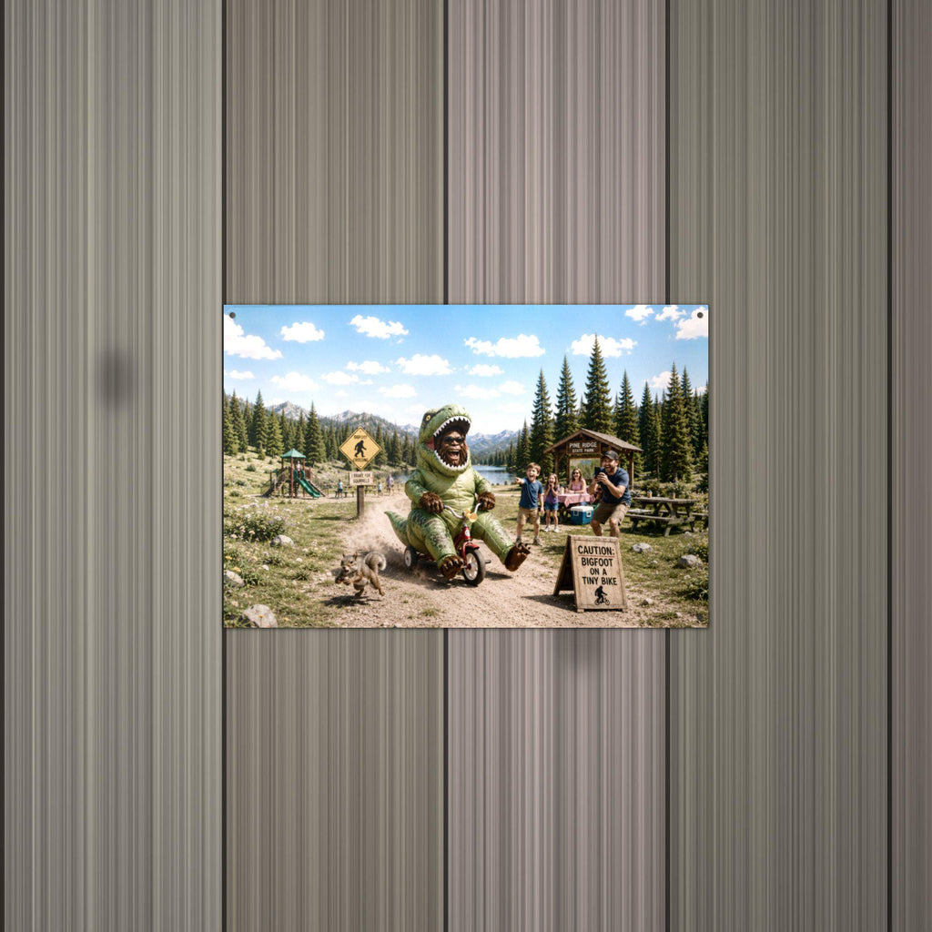 Dino Trike Bigfoot Metal Sign Bigfoot Aluminum Sign — alternate angle