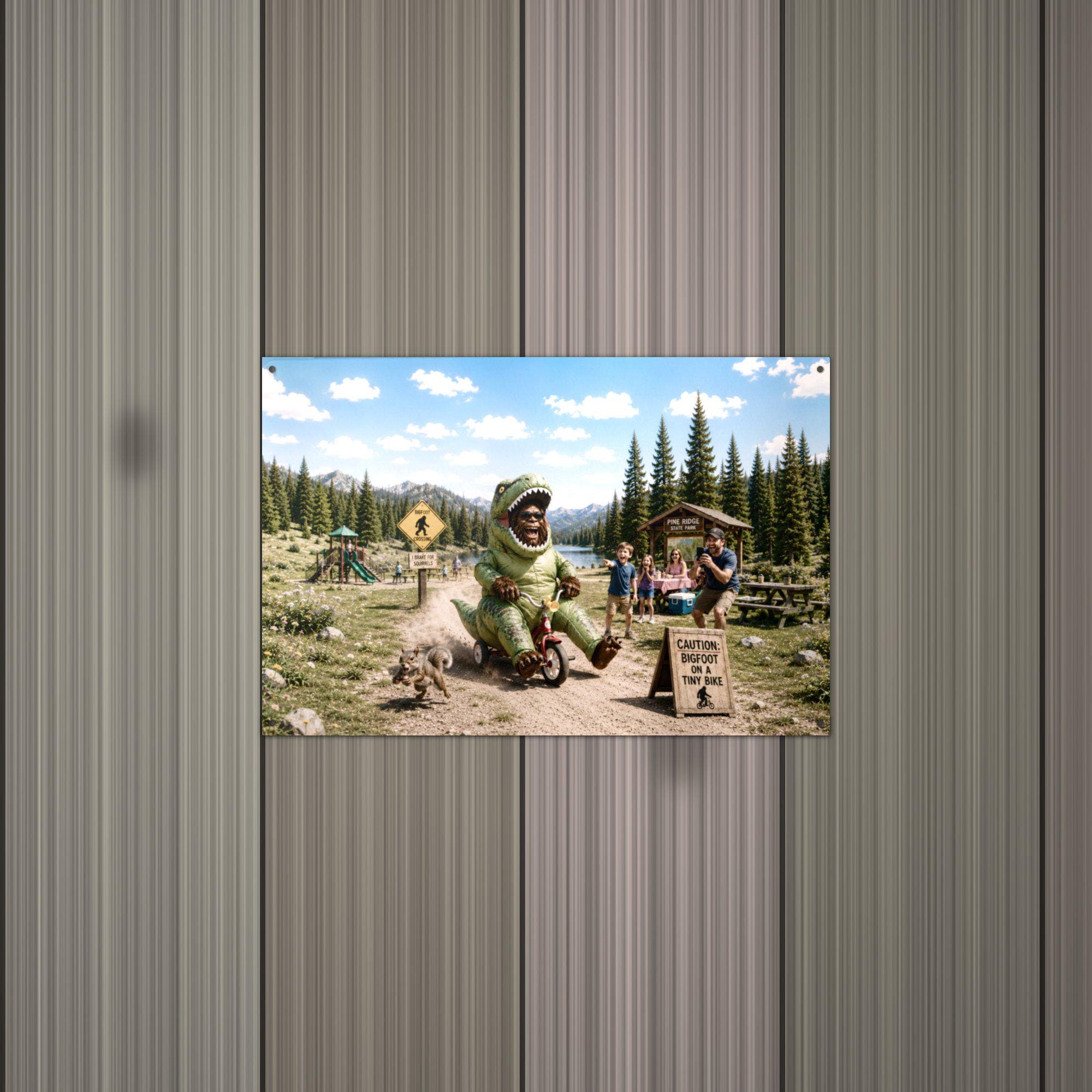 Dino Trike Bigfoot Metal Sign Bigfoot Aluminum Sign — alternate angle