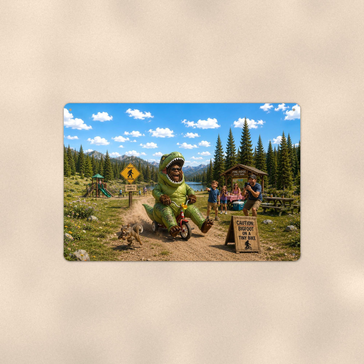 Dino Trike Bigfoot on a sublimated 8 x 12 in aluminum sign, shown whole against a plain wall — wall decor, handmade gift.