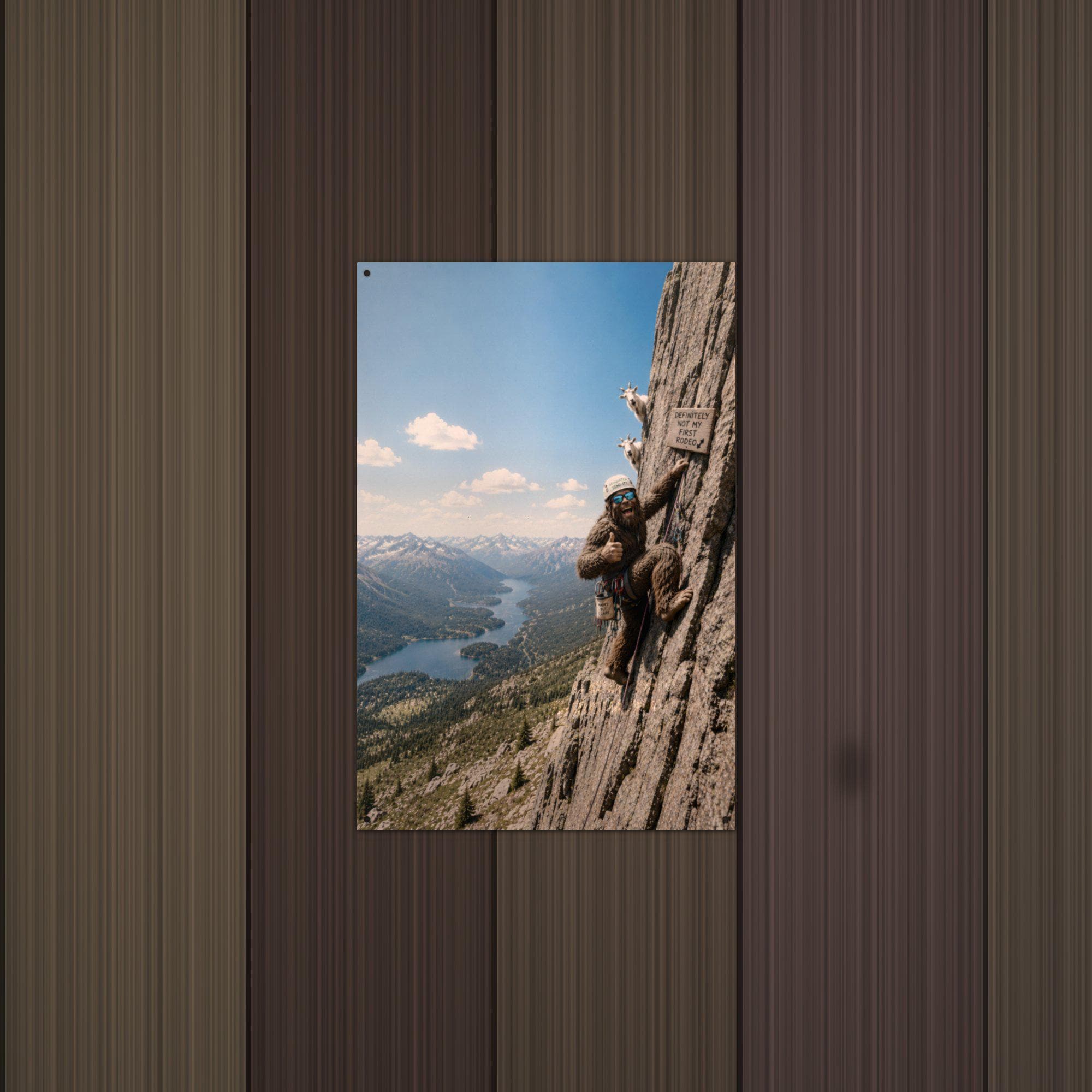 Rock Climber Bigfoot Metal Sign Bigfoot Aluminum Sign — lifestyle setting