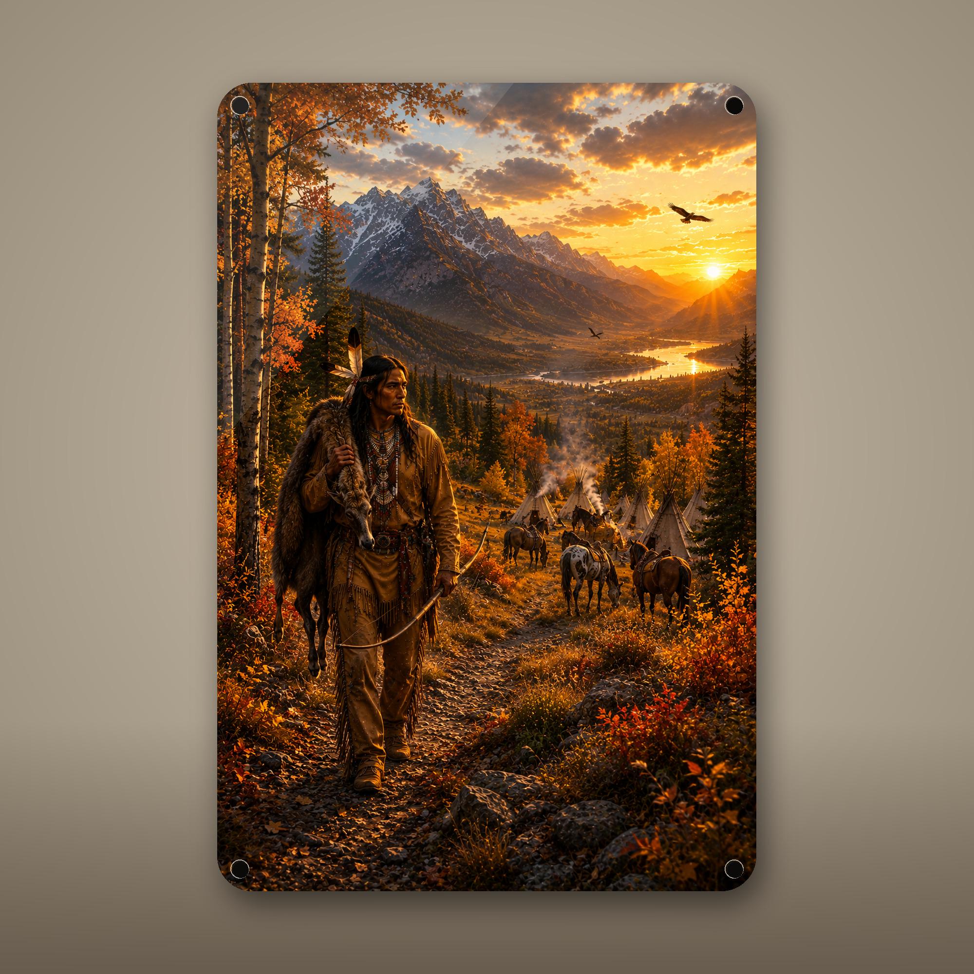 Native American Hunter and Teepees Aluminum S Aluminum Sign — front view on white background