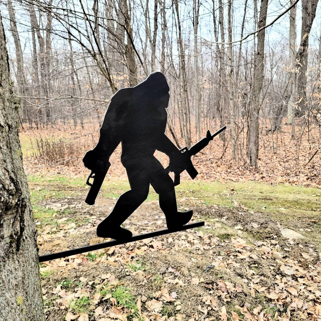 Armed Bigfoot Metal Stake Metal Garden Stake — alternate angle