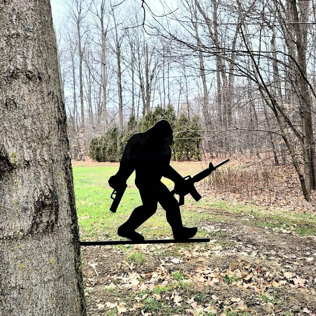 Armed Bigfoot Metal Stake Metal Garden Stake — alternate angle