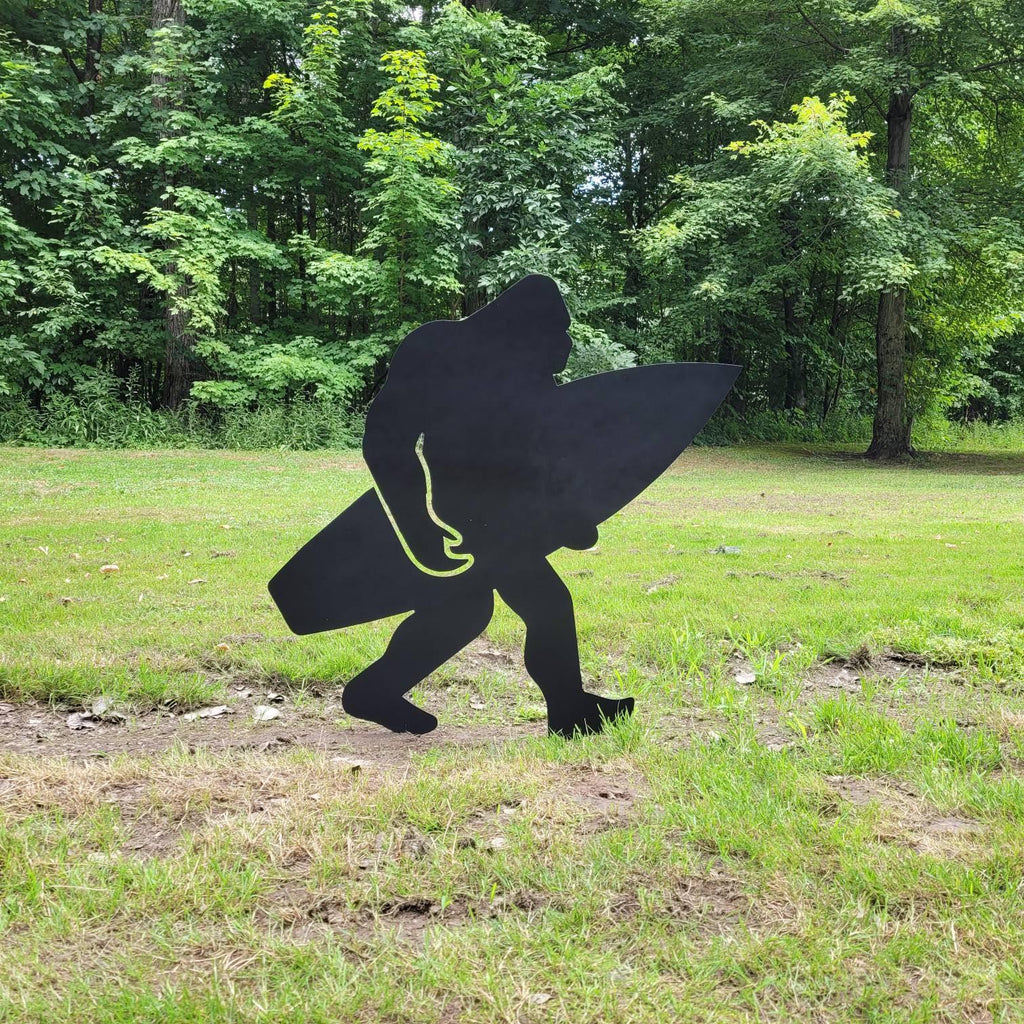 Surfing Bigfoot Metal Stake Metal Garden Stake — lifestyle setting