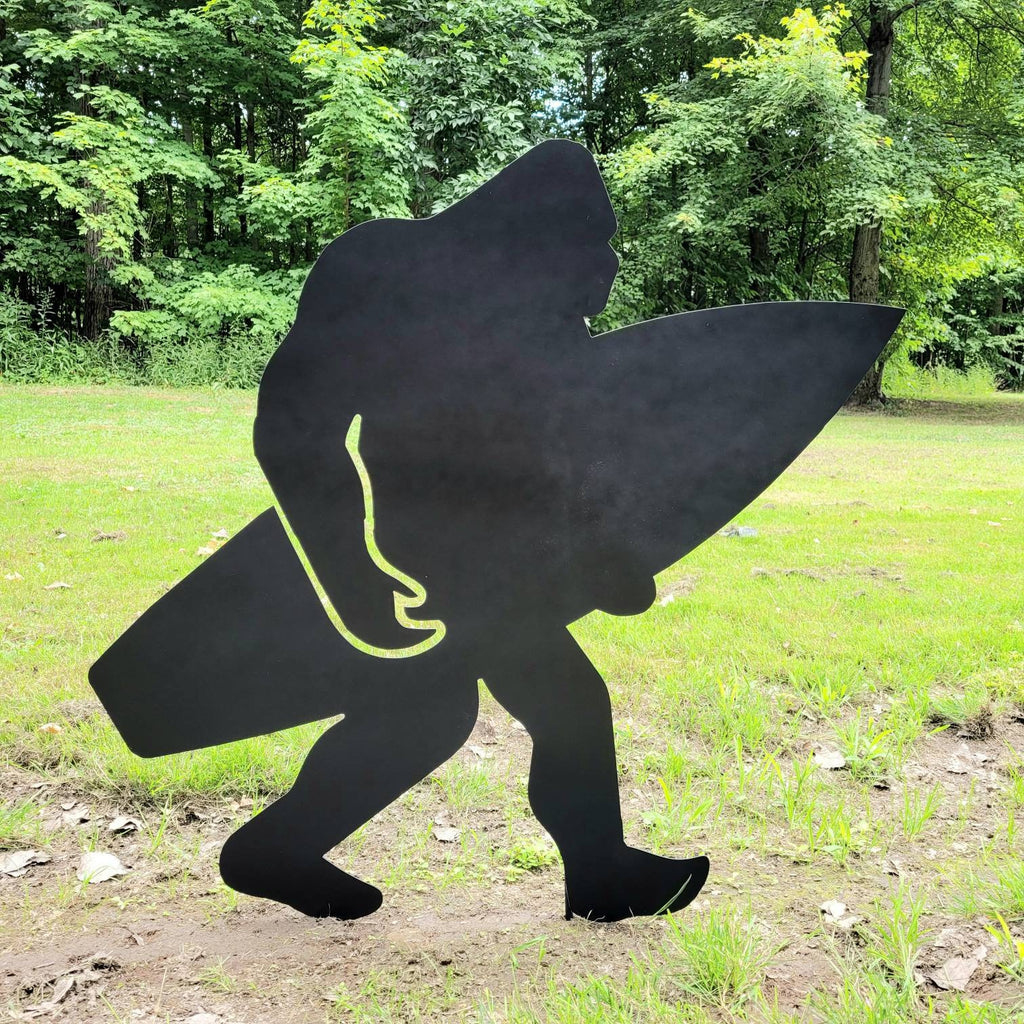 Surfing Bigfoot Metal Yard Stake Metal Garden Stake — front view on white background