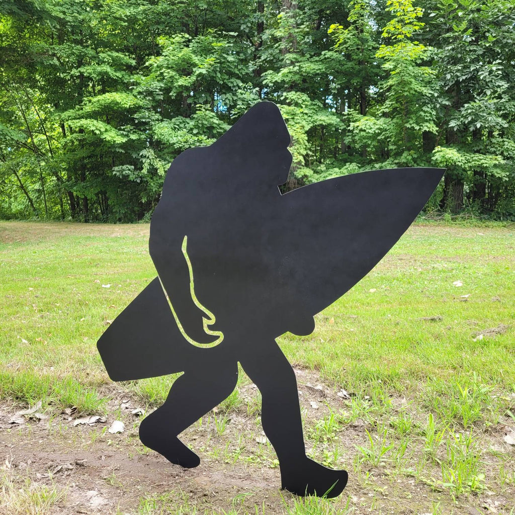 Surfing Bigfoot Metal Yard Stake Metal Garden Stake — detail view