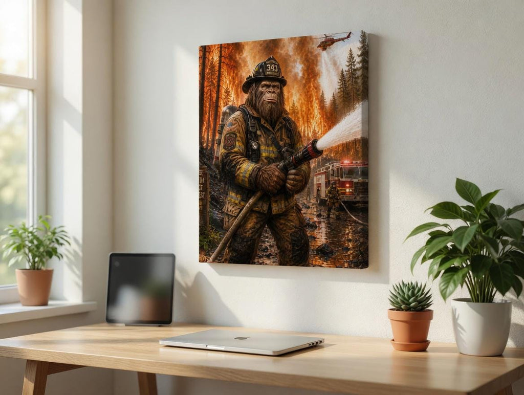 Firefighter Bigfoot Canvas Print Canvas Print — front view on white background