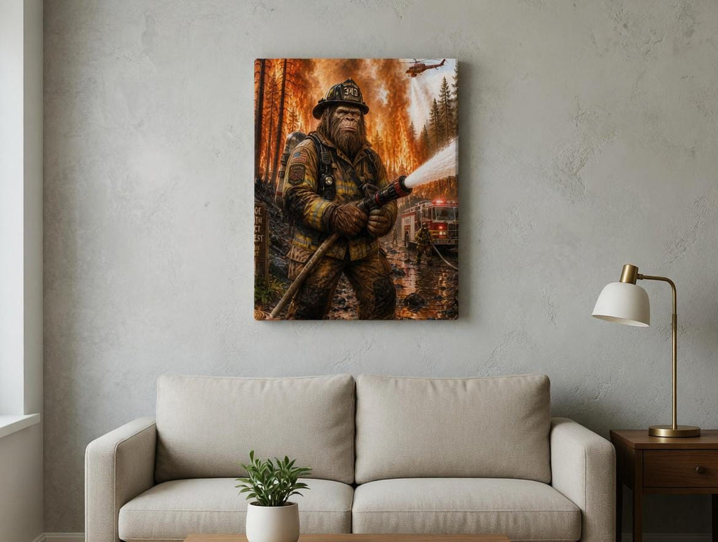 Firefighter Bigfoot Canvas Print Canvas Print — shown on a rustic wall