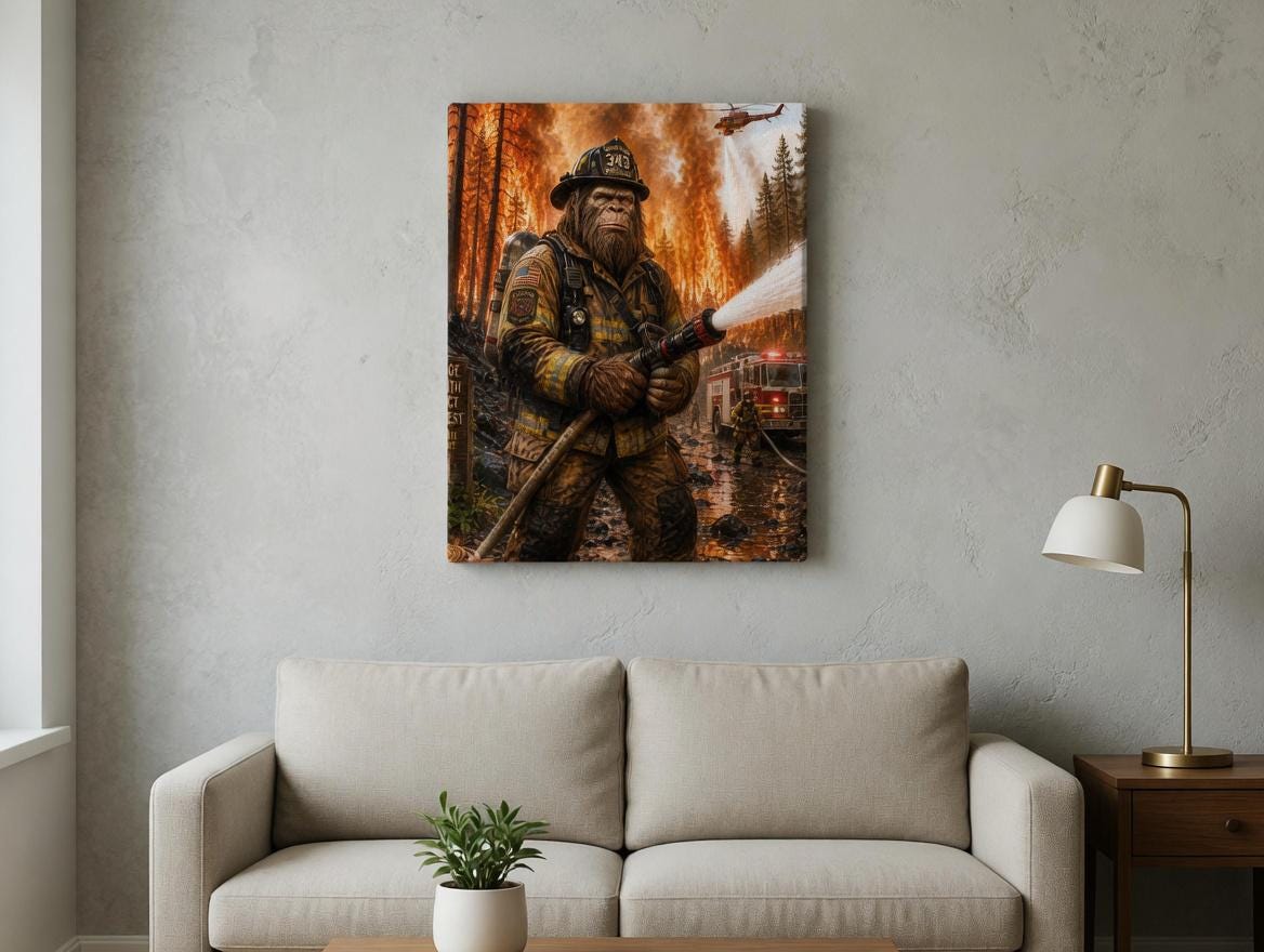 Firefighter Bigfoot Canvas Print Canvas Print — shown on a rustic wall