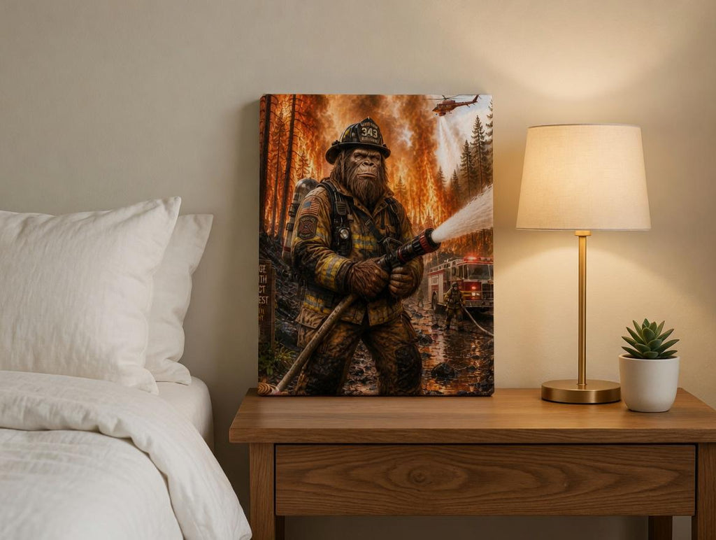 Firefighter Bigfoot Canvas Print Canvas Print — lifestyle setting