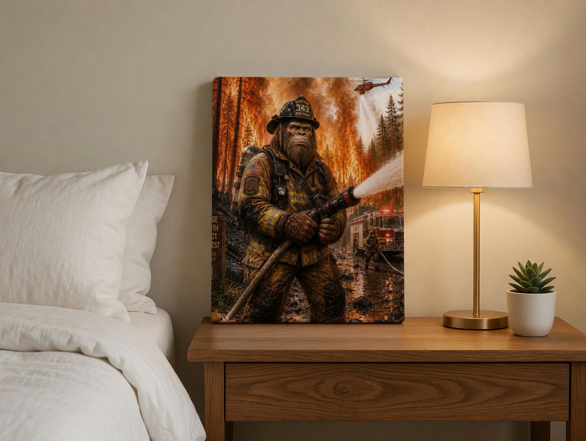 Firefighter Bigfoot Canvas Print Canvas Print — lifestyle setting