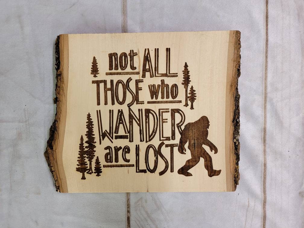 Laser Engraved Bigfoot on Live Edge Basswood  Wood Sign — front view on white background