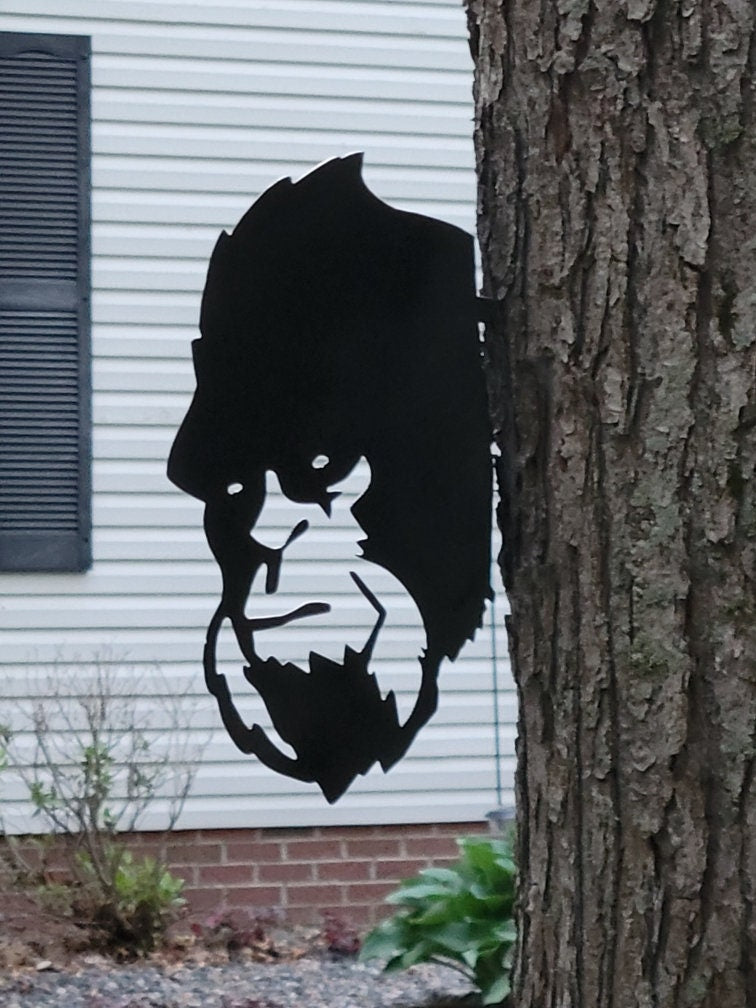 Peeking Bigfoot Metal Garden Stake Metal Garden Stake — front view on white background