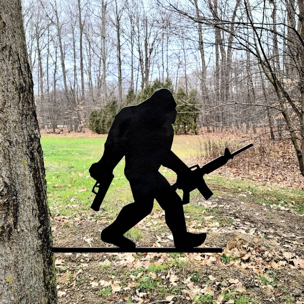 Armed Bigfoot Metal Garden Stake Metal Garden Stake — detail view