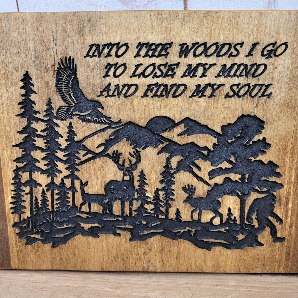 Bigfoot Live Edge Nature Scene Wall Art Wood Sign — shown on a rustic wall