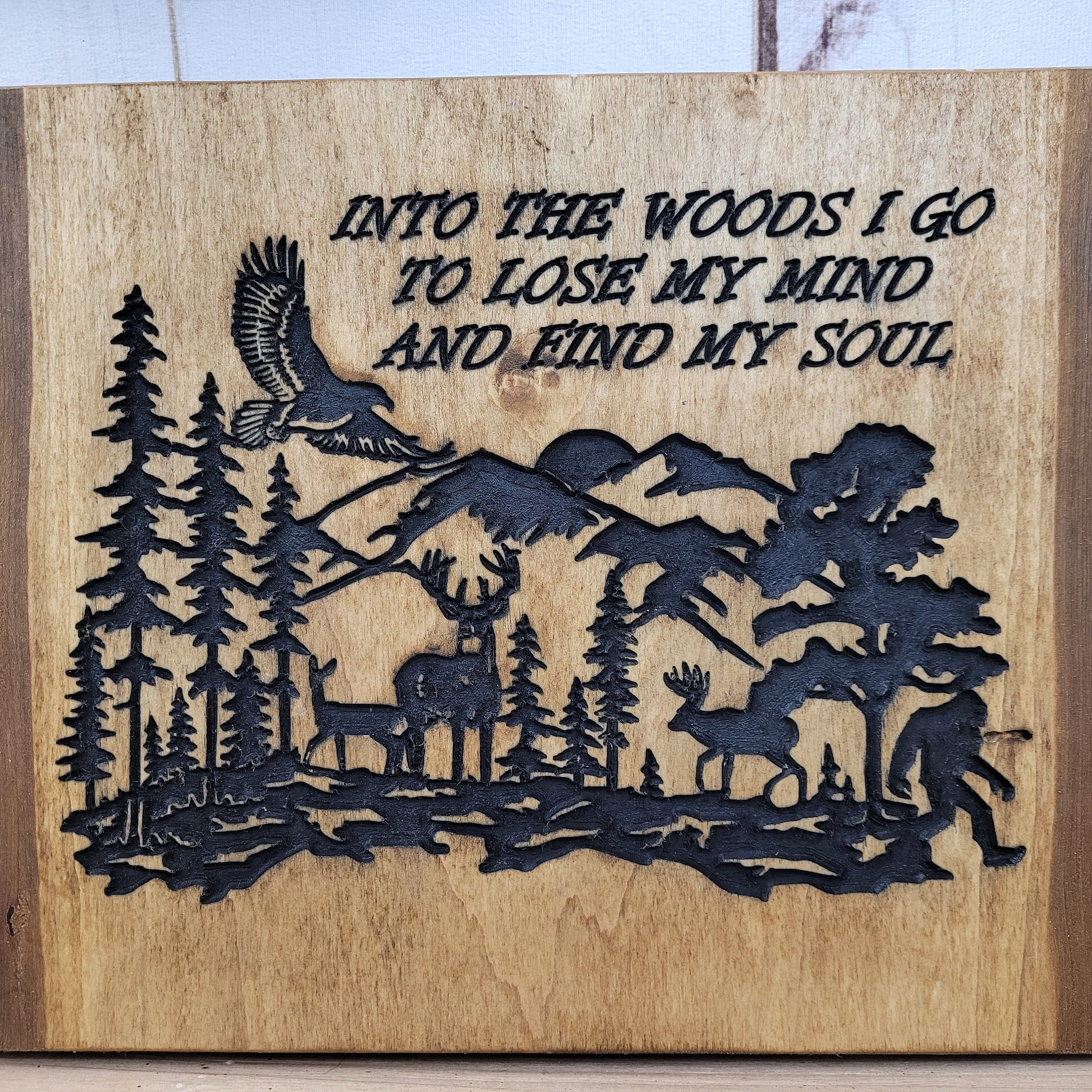 Bigfoot Live Edge Nature Scene Wall Art Wood Sign — detail view