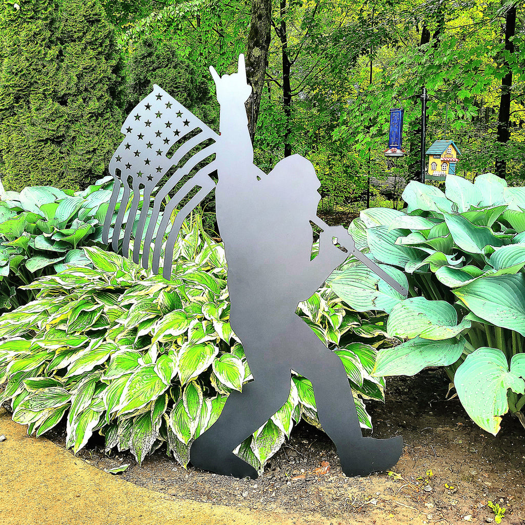 Sasquatch with American Flag Metal Sign Bigfoot Aluminum Sign — lifestyle setting