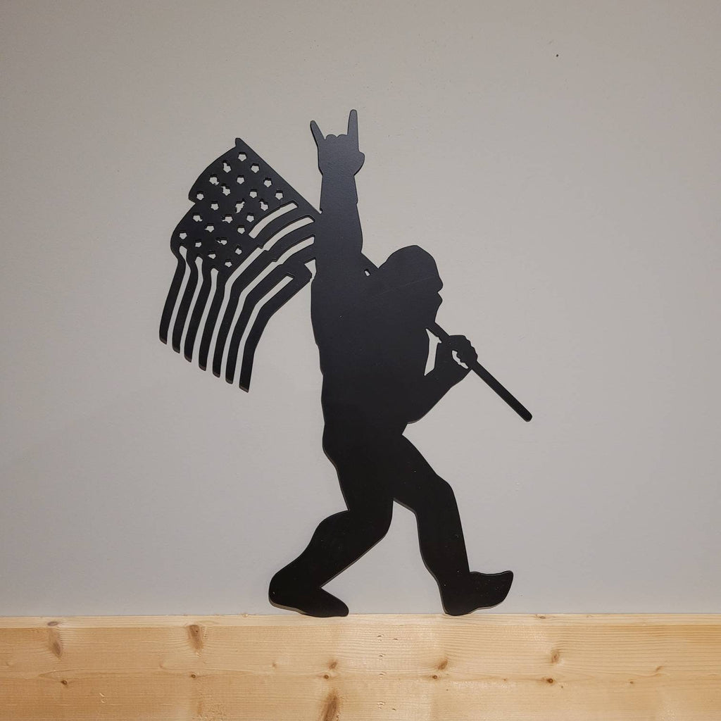 Sasquatch with American Flag Metal Sign Bigfoot Aluminum Sign — detail view
