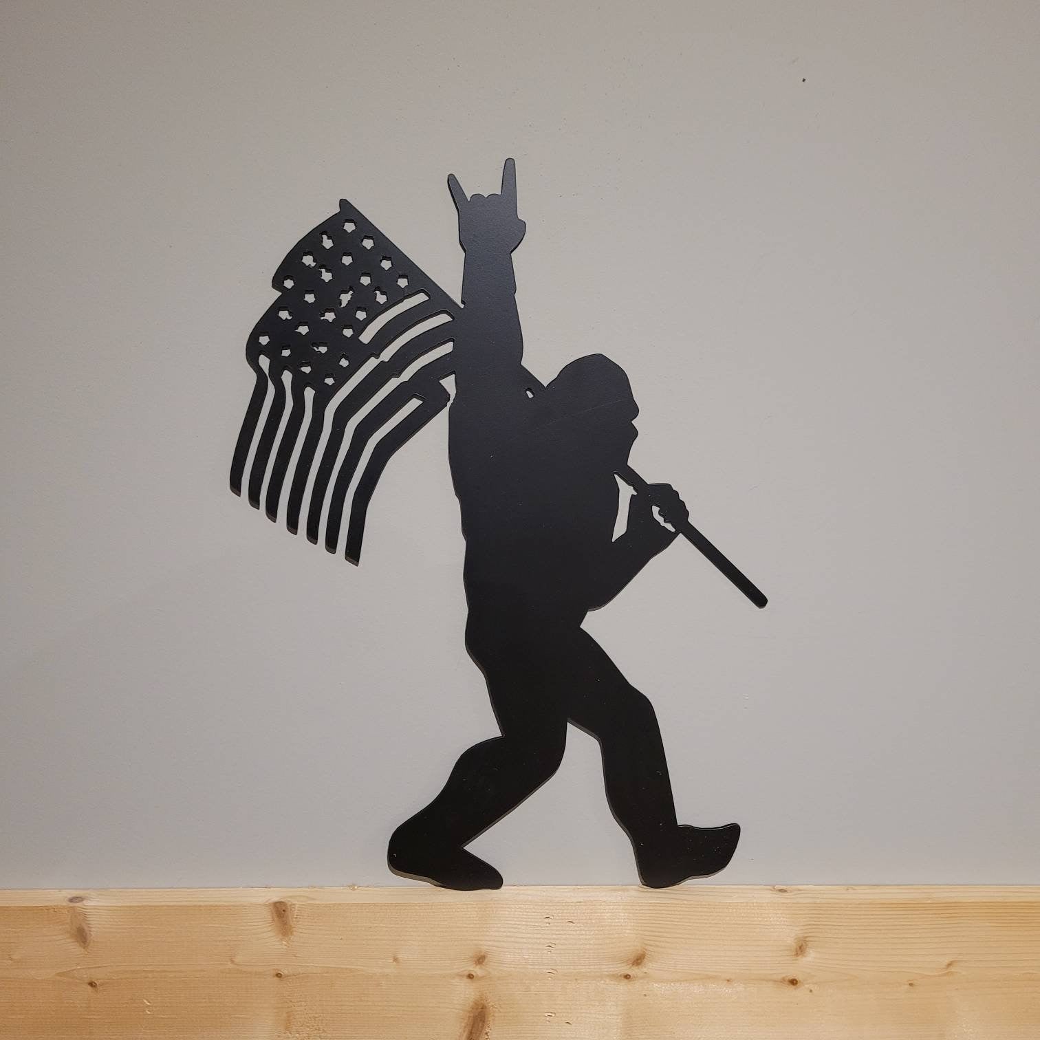 Sasquatch with American Flag Metal Sign Bigfoot Aluminum Sign — detail view