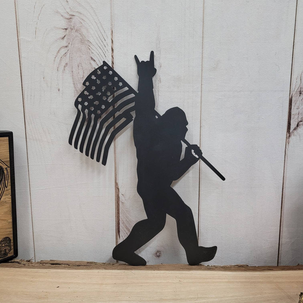 Sasquatch with American Flag Metal Sign Bigfoot Aluminum Sign — alternate angle