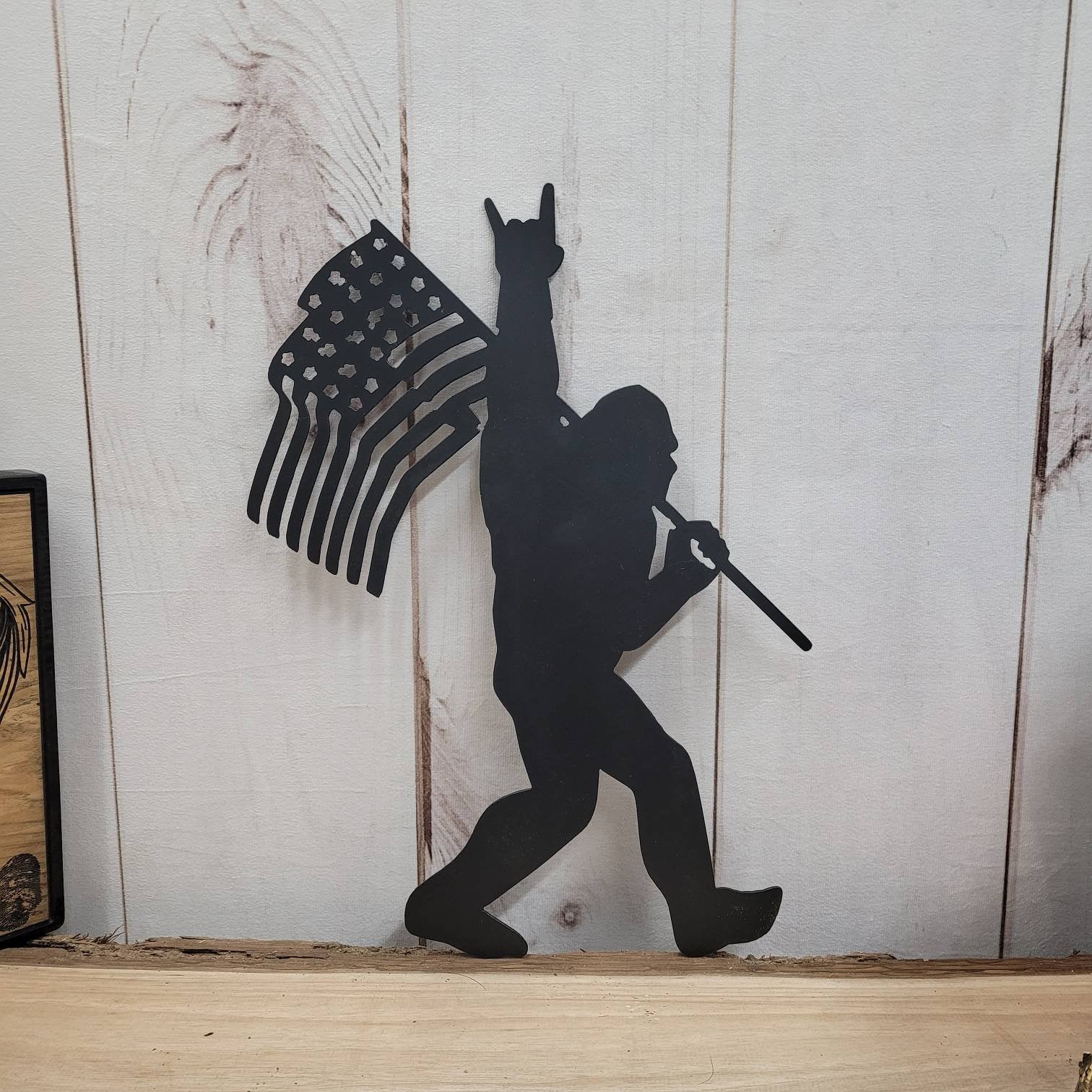 Sasquatch with American Flag Metal Sign Bigfoot Aluminum Sign — alternate angle