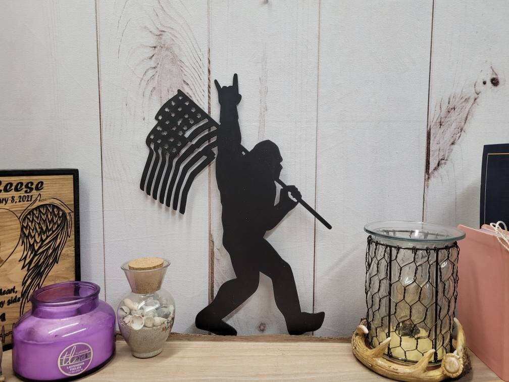 Sasquatch with American Flag Metal Sign Bigfoot Aluminum Sign — alternate angle