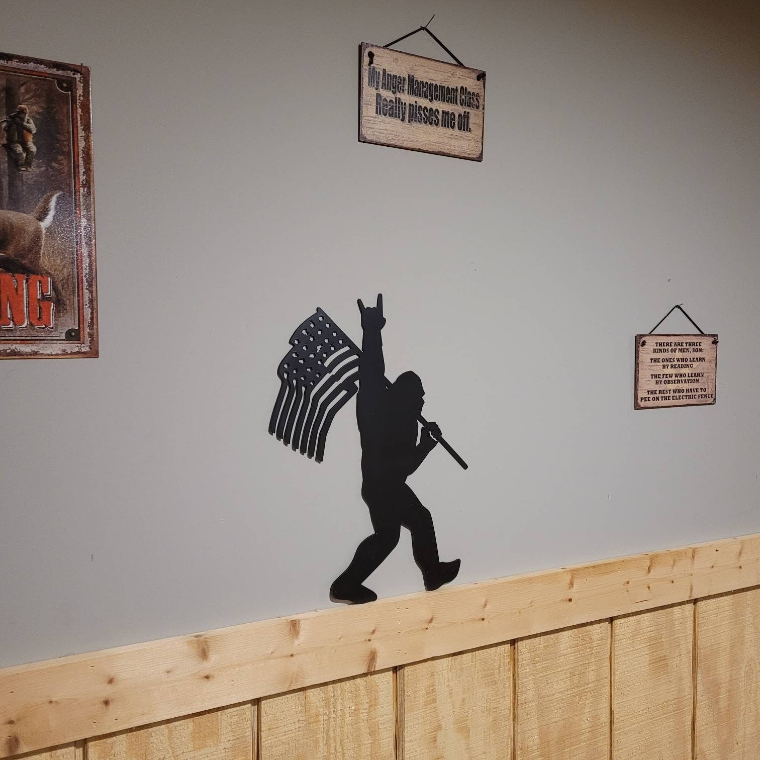 Sasquatch with American Flag Metal Sign Bigfoot Aluminum Sign — alternate angle