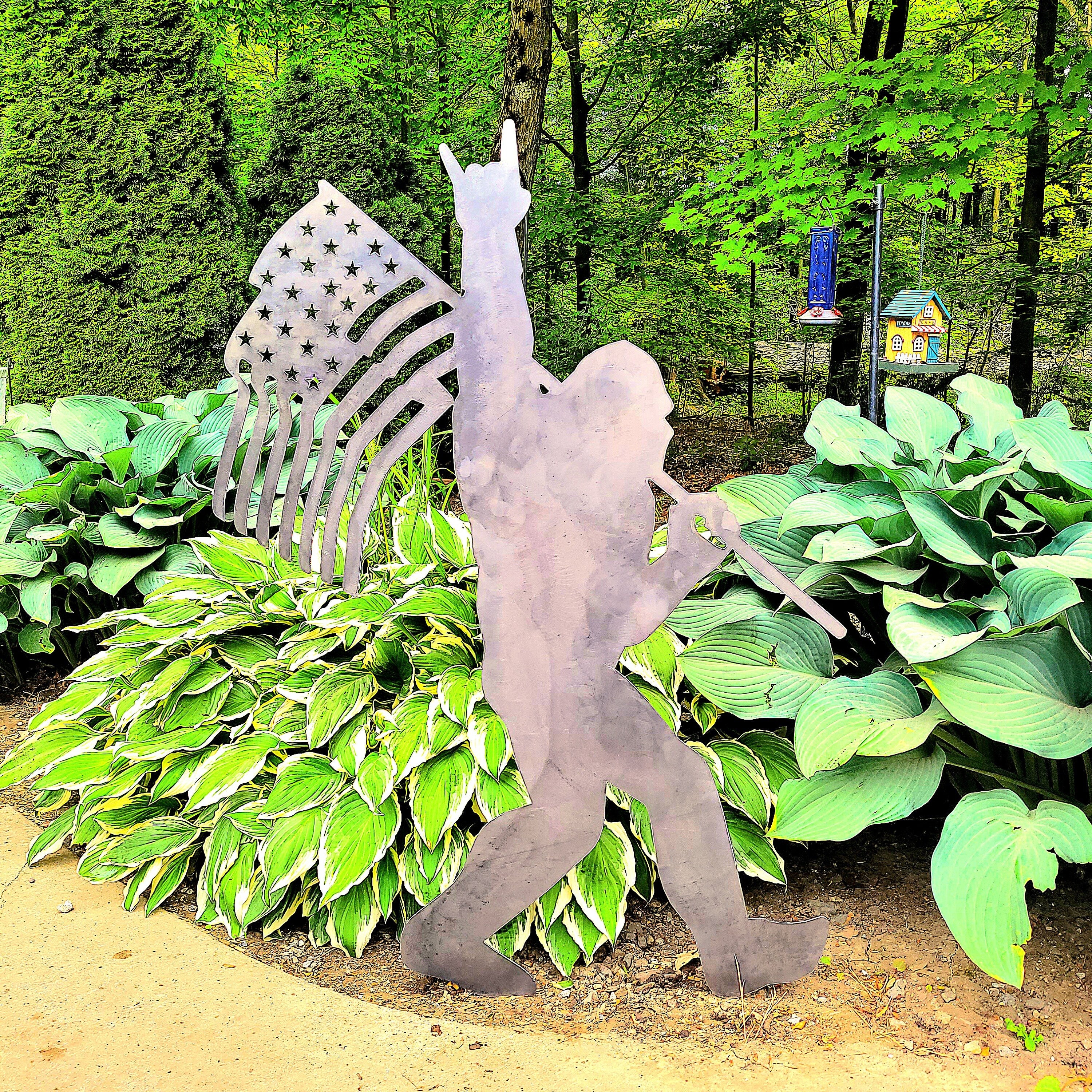 Sasquatch with American Flag Metal Sign Bigfoot Aluminum Sign — alternate angle