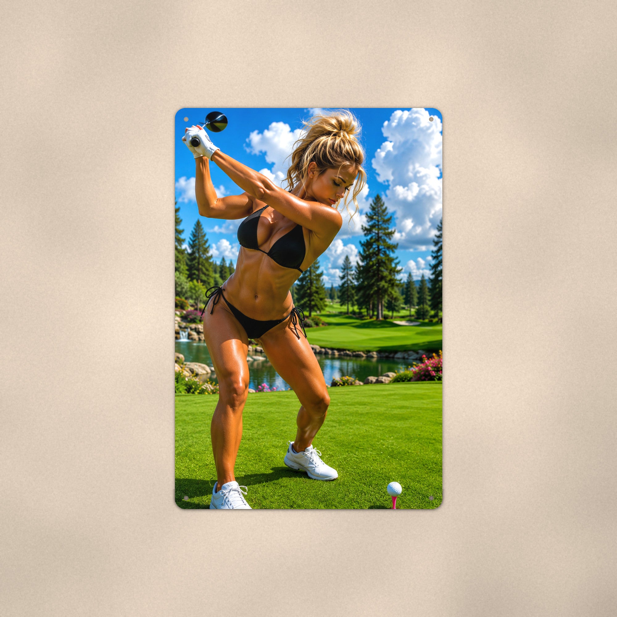 Golfer teeing off beside a quiet pond Metal Wall Art, Aluminum Sign, Retro Pinup Wall Decor, Vintage Pin-Up Gift