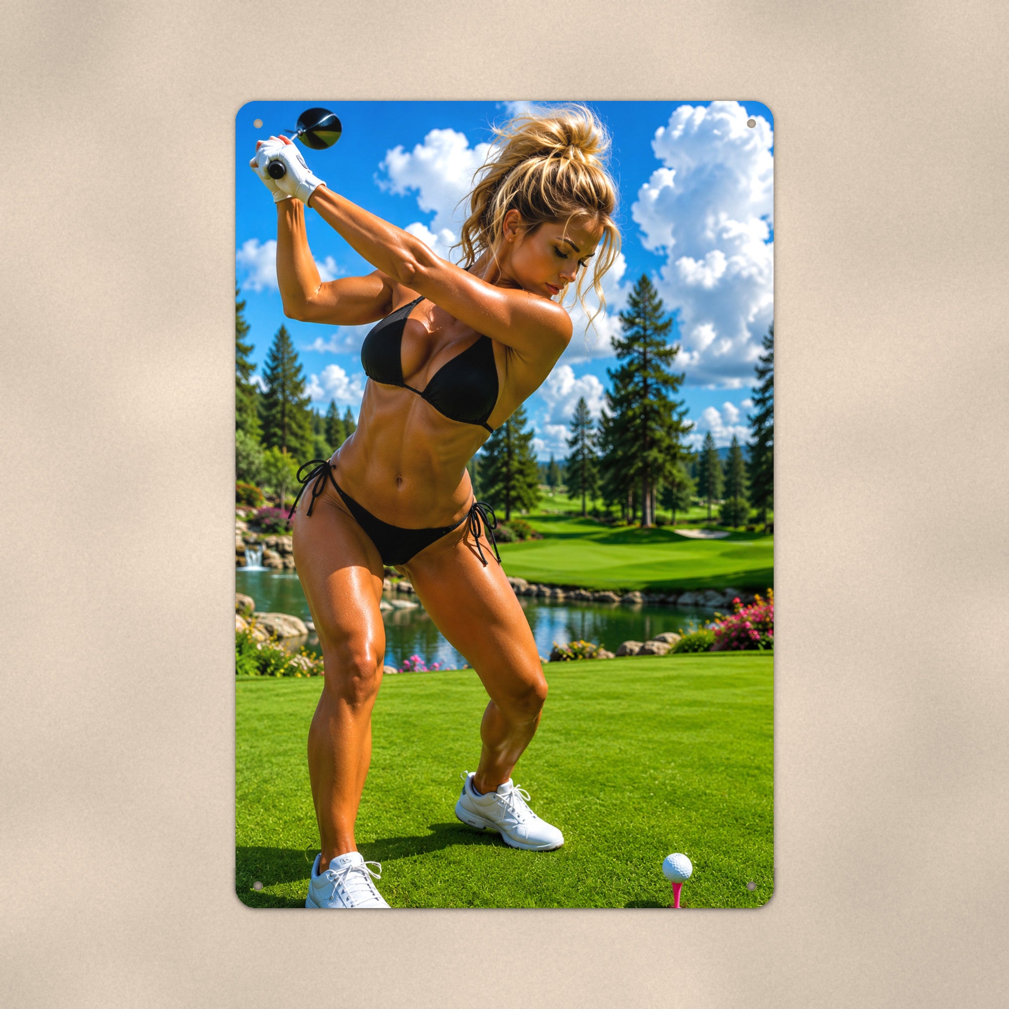 Golfer teeing off beside a quiet pond Metal Wall Art, Aluminum Sign, Retro Pinup Wall Decor, Vintage Pin-Up Gift