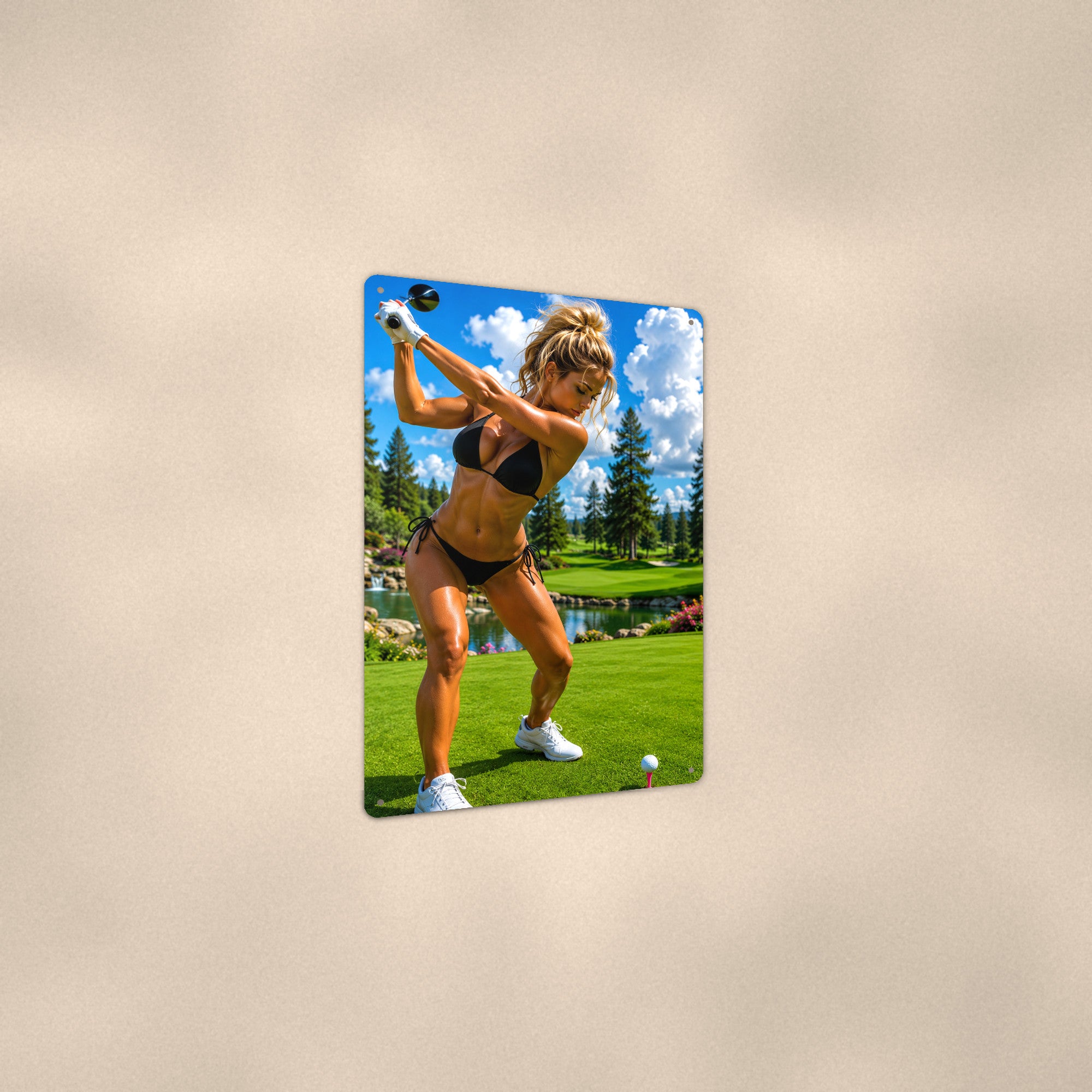 Golfer teeing off beside a quiet pond Metal Wall Art, Aluminum Sign, Retro Pinup Wall Decor, Vintage Pin-Up Gift