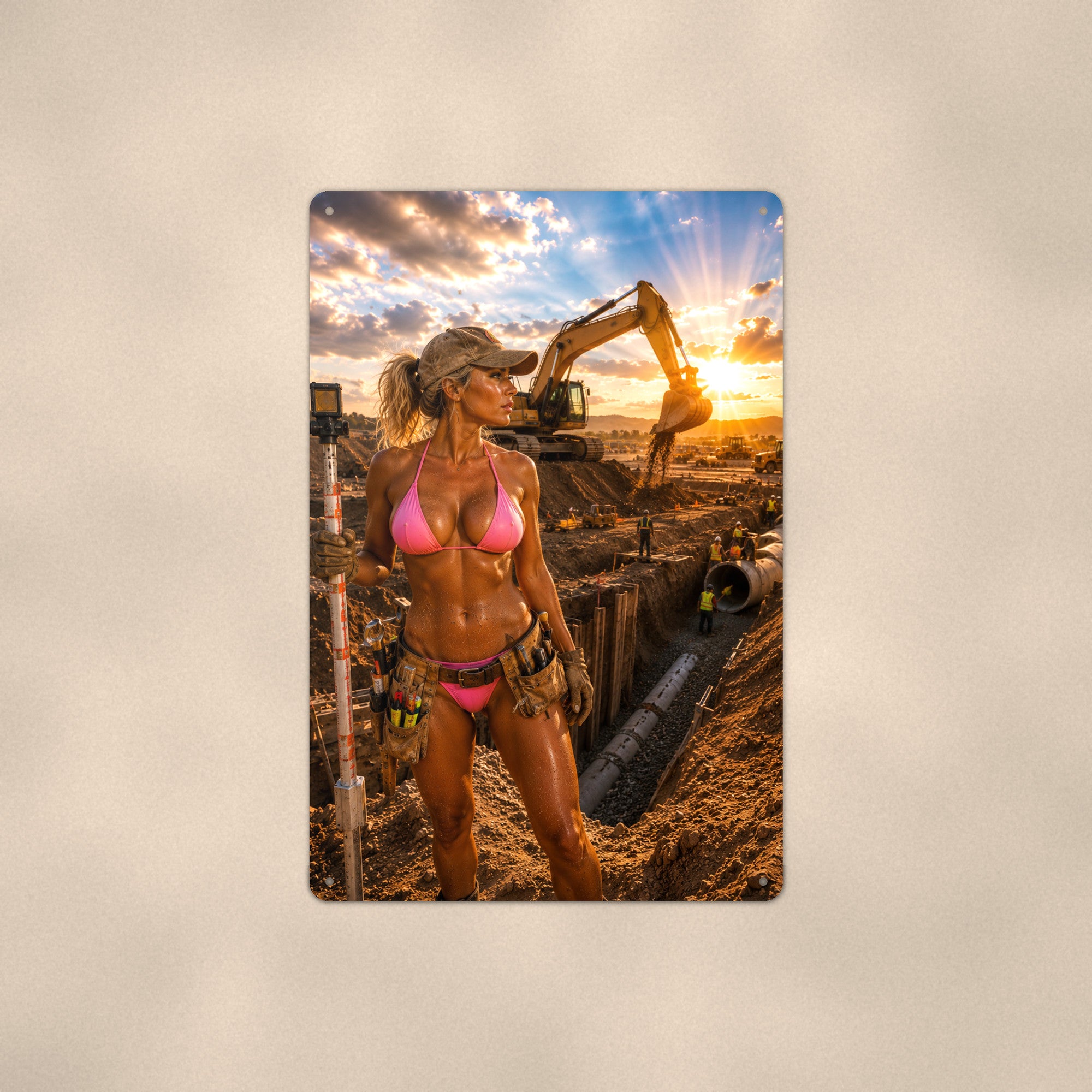 Surveyor at a pipeline trench site Metal Wall Art, Aluminum Sign, Retro Pinup Wall Decor, Vintage Pin-Up Gift