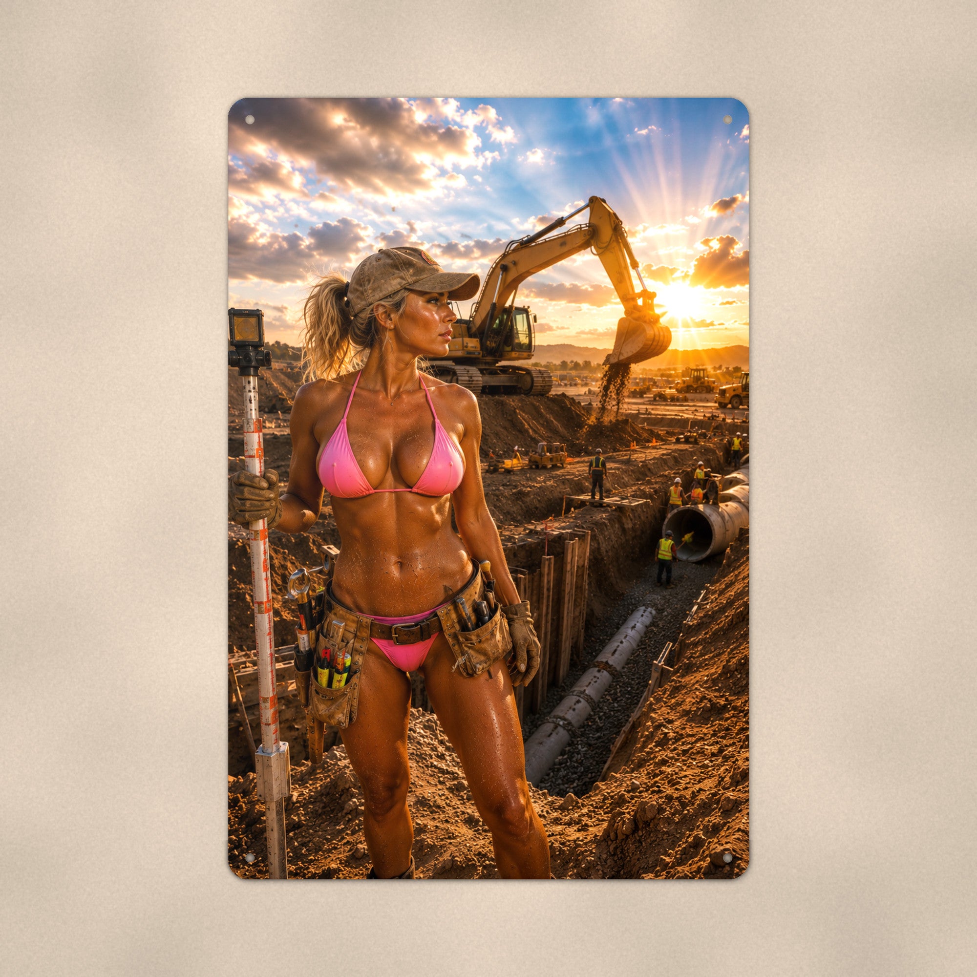 Surveyor at a pipeline trench site Metal Wall Art, Aluminum Sign, Retro Pinup Wall Decor, Vintage Pin-Up Gift