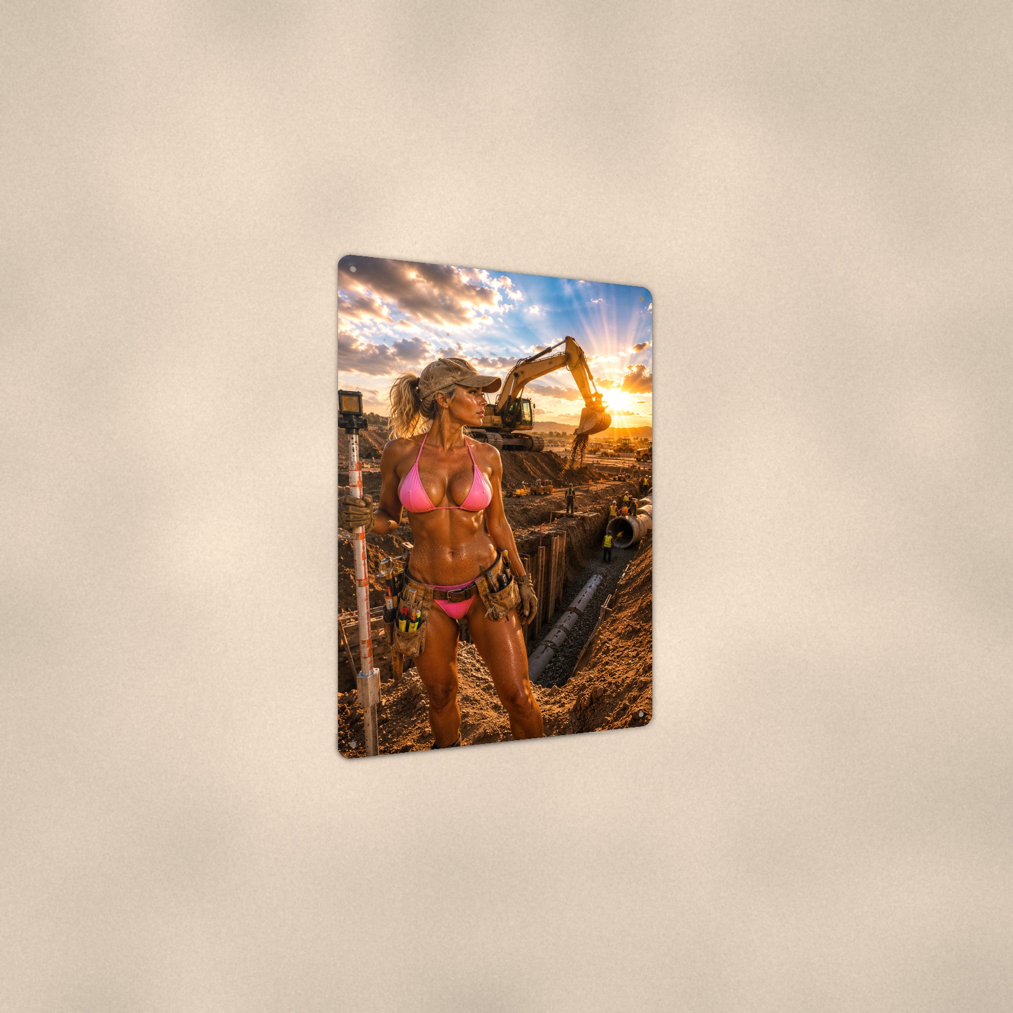 Surveyor at a pipeline trench site Metal Wall Art, Aluminum Sign, Retro Pinup Wall Decor, Vintage Pin-Up Gift