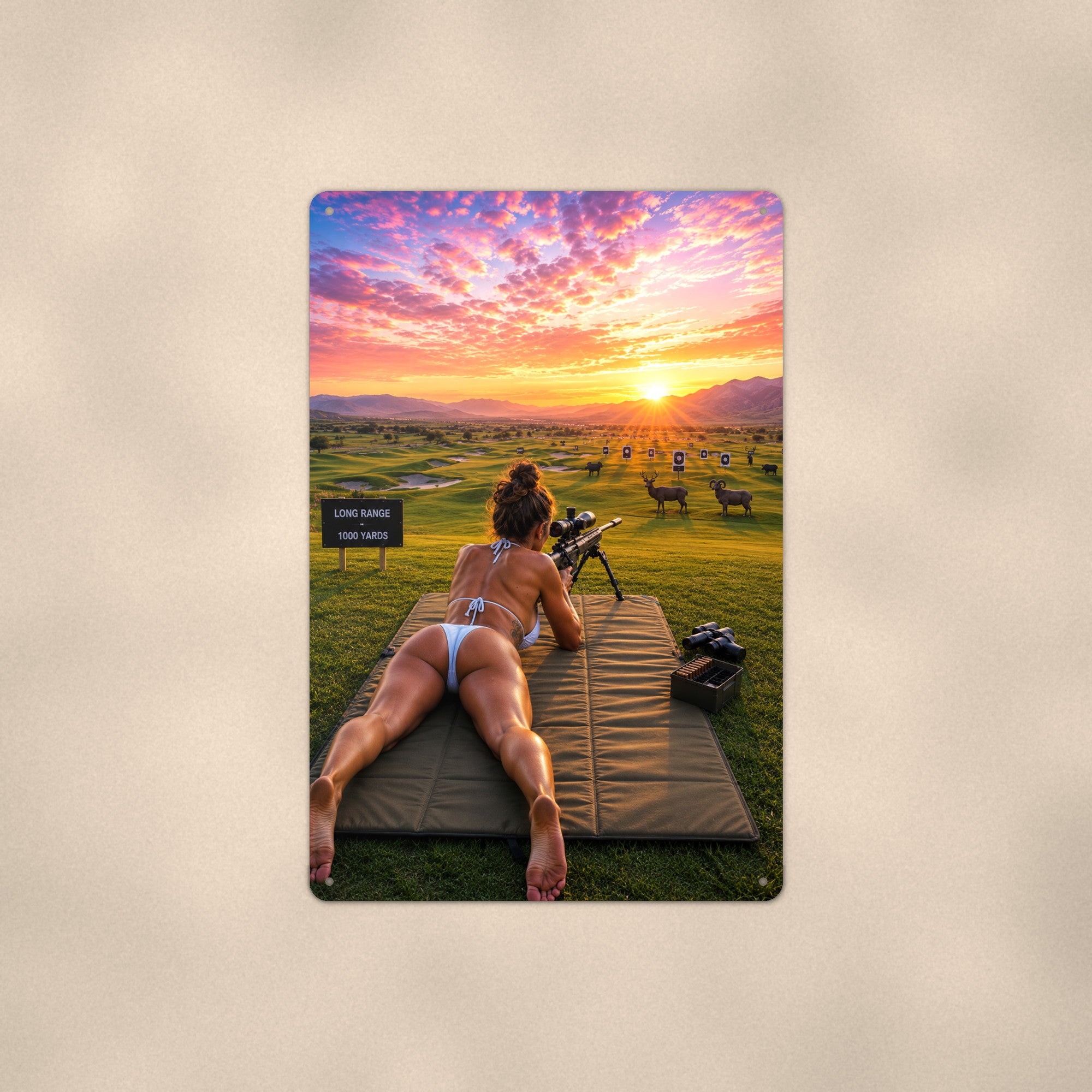 Long-range shooter at the 1000 yard line Metal Wall Art, Aluminum Sign, Retro Pinup Wall Decor, Vintage Pin-Up Gift