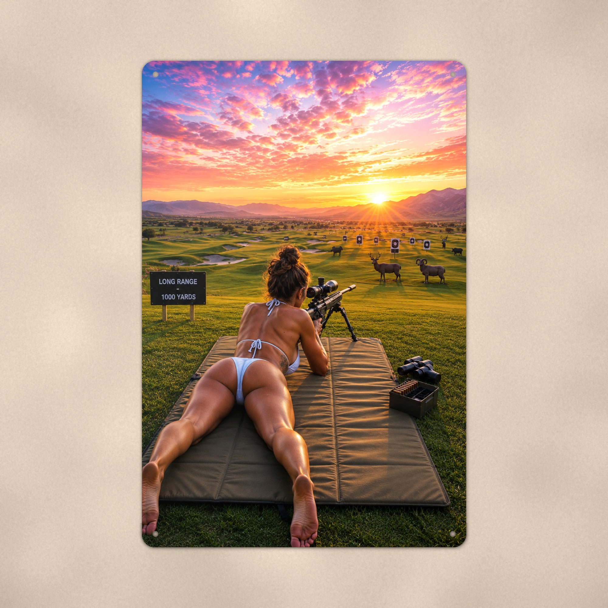Long-range shooter at the 1000 yard line Metal Wall Art, Aluminum Sign, Retro Pinup Wall Decor, Vintage Pin-Up Gift