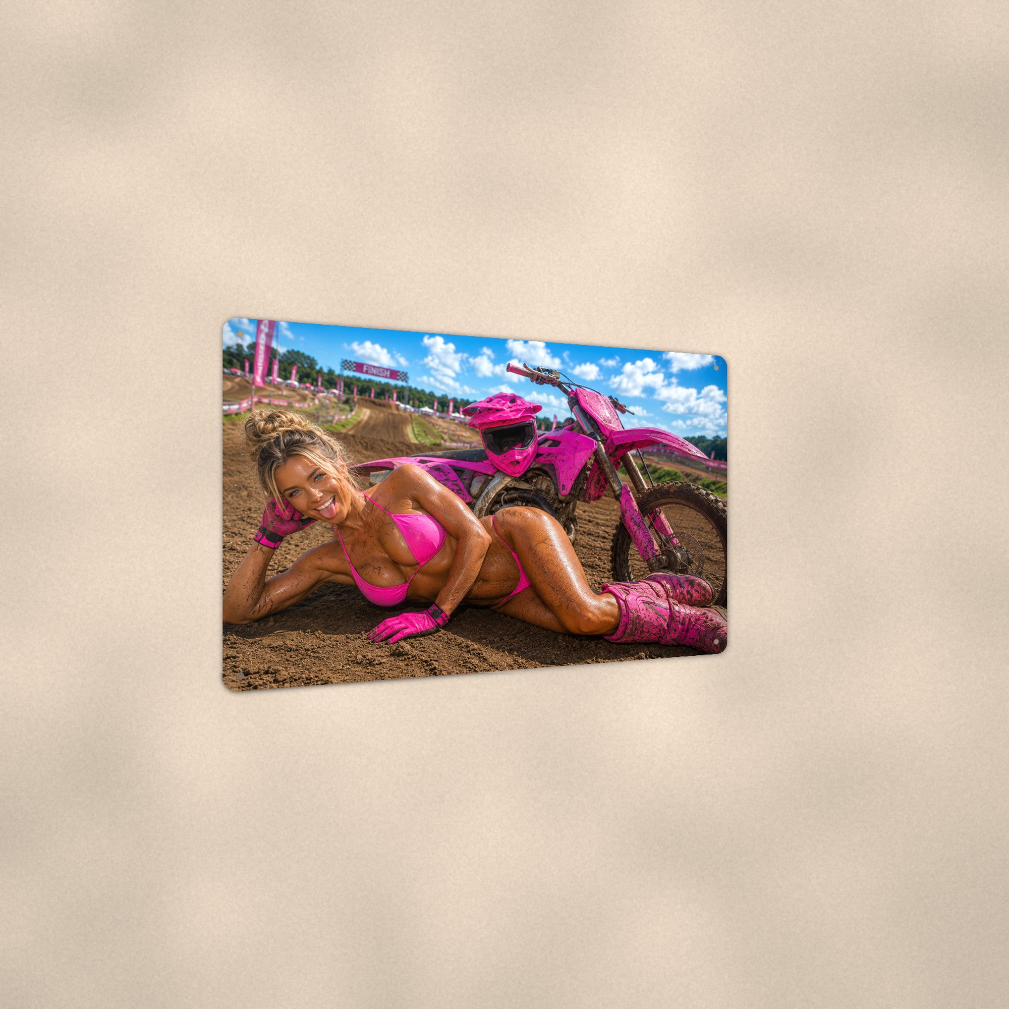 Muddy rider at the motocross finish line Metal Wall Art, Aluminum Sign, Retro Pinup Wall Decor, Vintage Pin-Up Gift