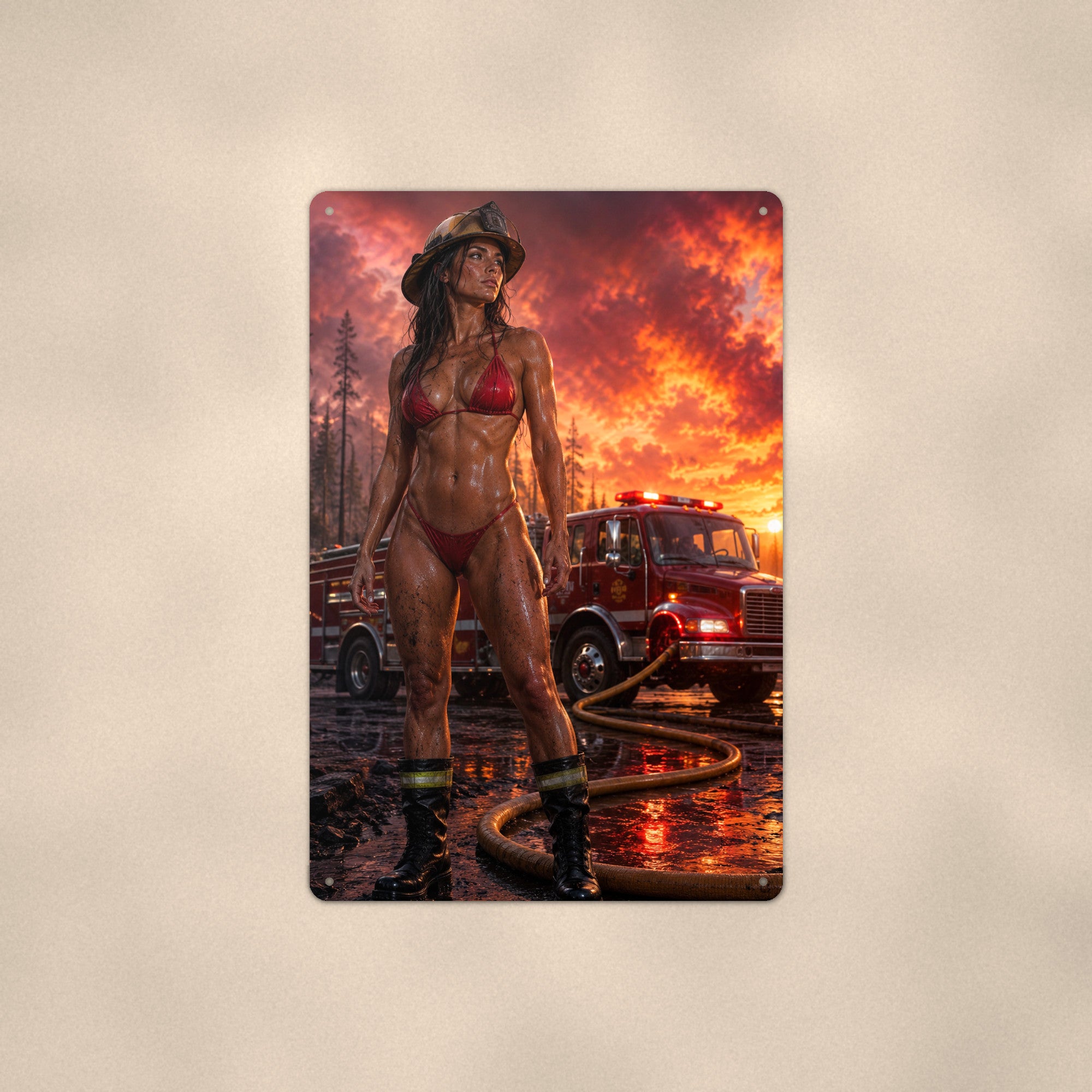Firefighter before the engine at a wildfire sunset Metal Wall Art, Aluminum Sign, Retro Pinup Wall Decor, Vintage Pin-Up Gift