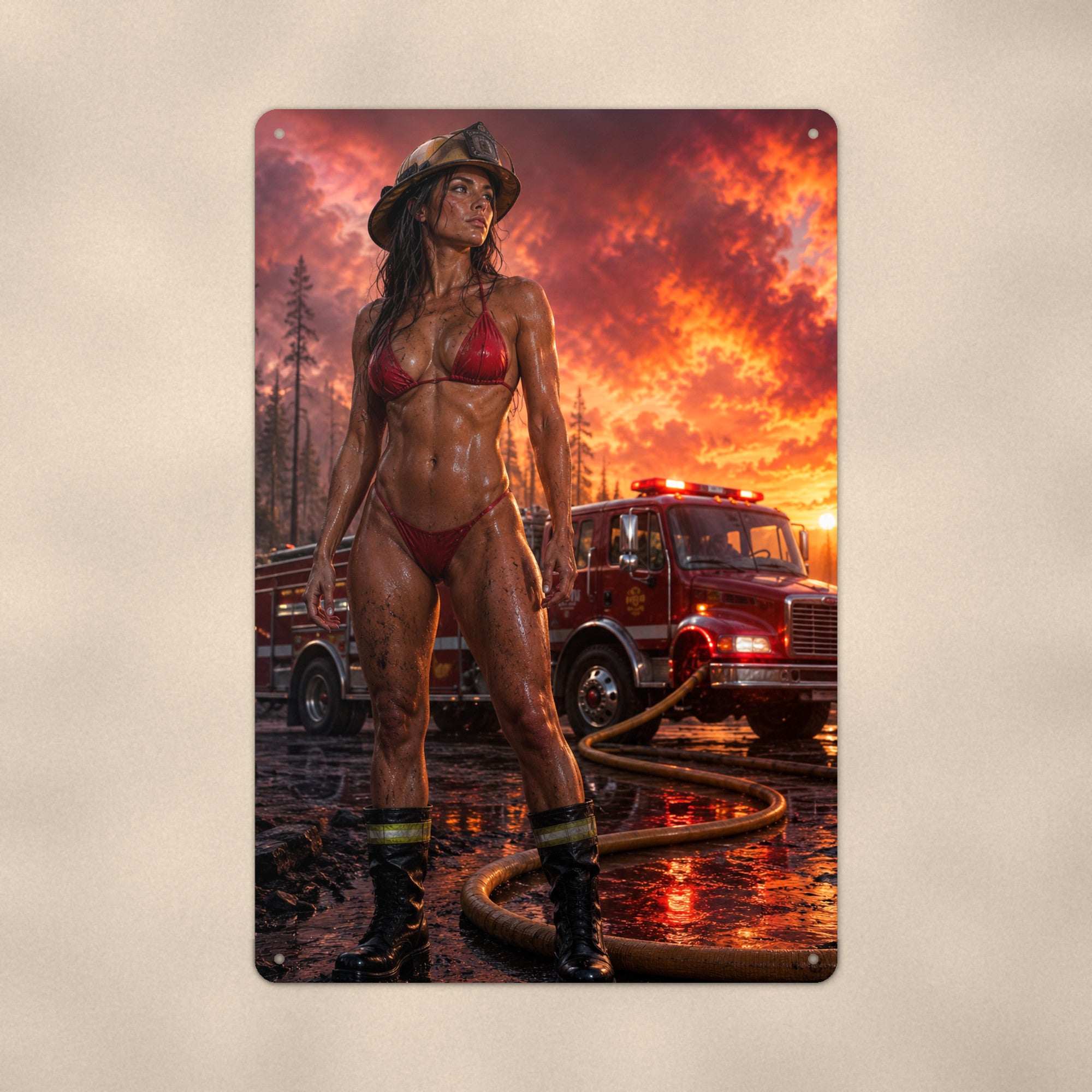 Firefighter before the engine at a wildfire sunset Metal Wall Art, Aluminum Sign, Retro Pinup Wall Decor, Vintage Pin-Up Gift