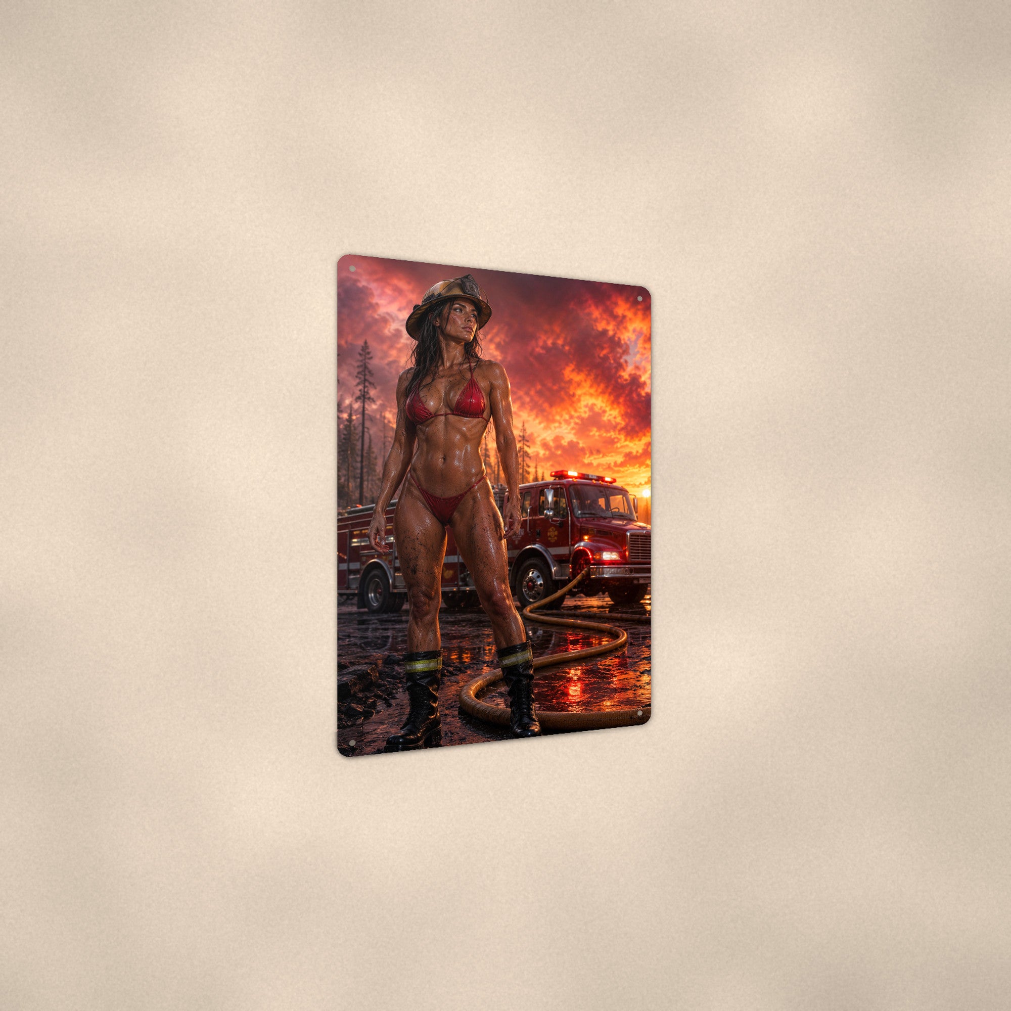 Firefighter before the engine at a wildfire sunset Metal Wall Art, Aluminum Sign, Retro Pinup Wall Decor, Vintage Pin-Up Gift