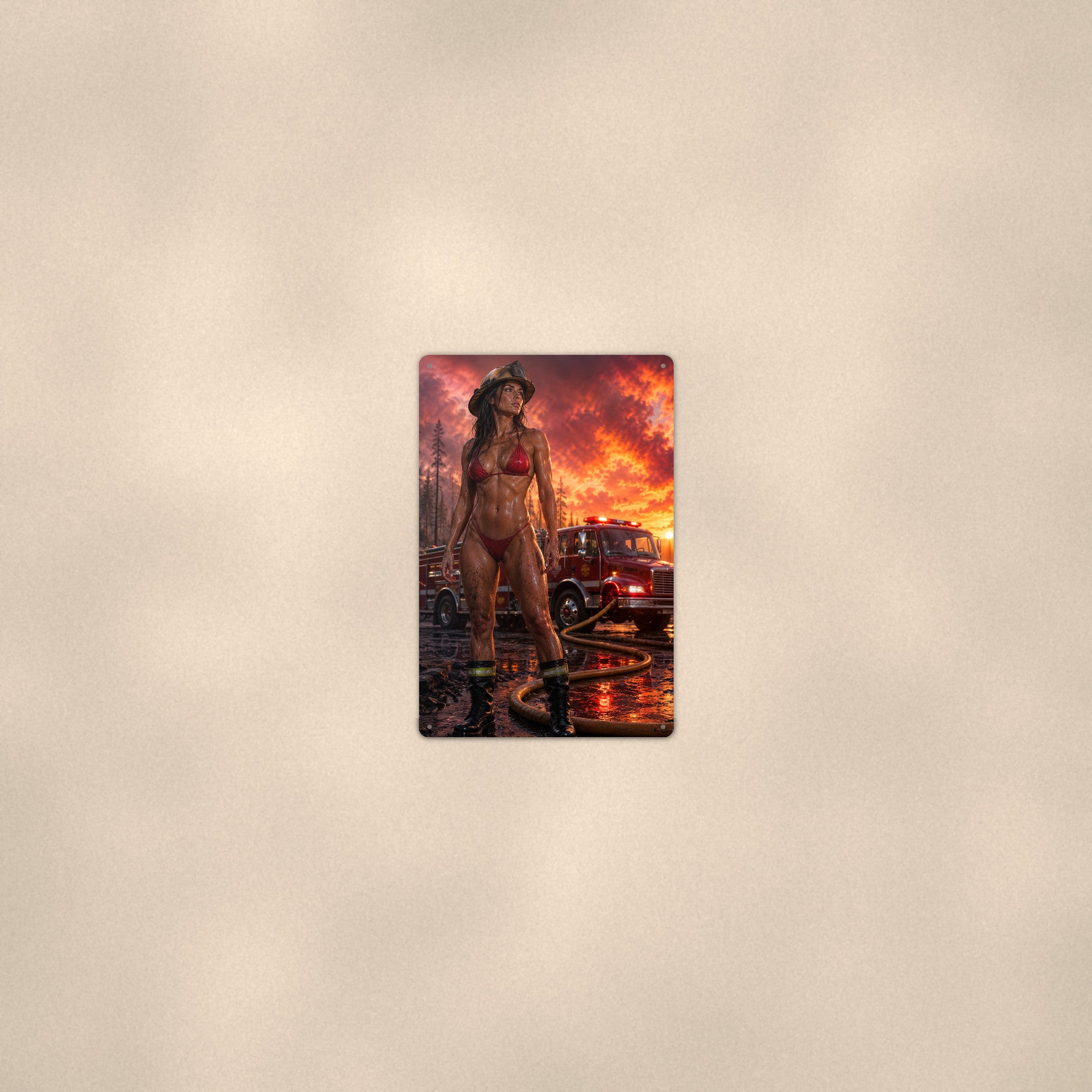 Firefighter before the engine at a wildfire sunset Metal Wall Art, Aluminum Sign, Retro Pinup Wall Decor, Vintage Pin-Up Gift