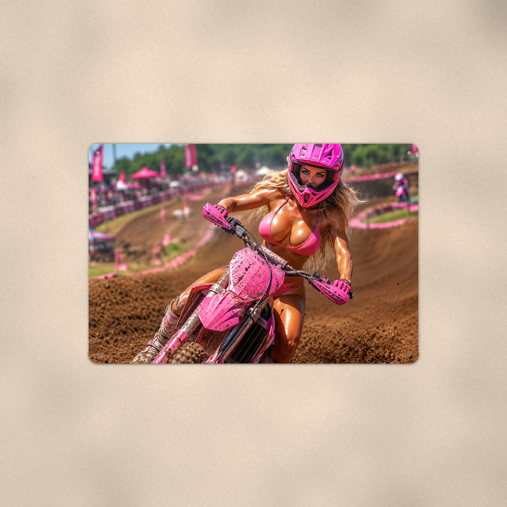 Rider carving a dirt track corner Metal Wall Art, Aluminum Sign, Retro Pinup Wall Decor, Vintage Pin-Up Gift