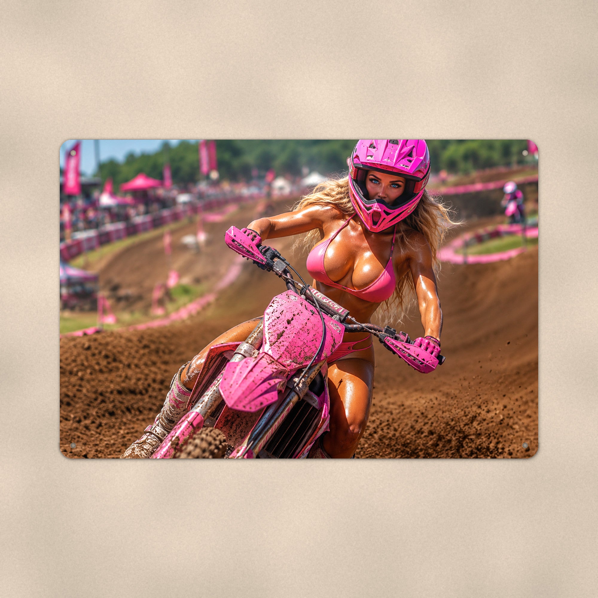 Rider carving a dirt track corner Metal Wall Art, Aluminum Sign, Retro Pinup Wall Decor, Vintage Pin-Up Gift