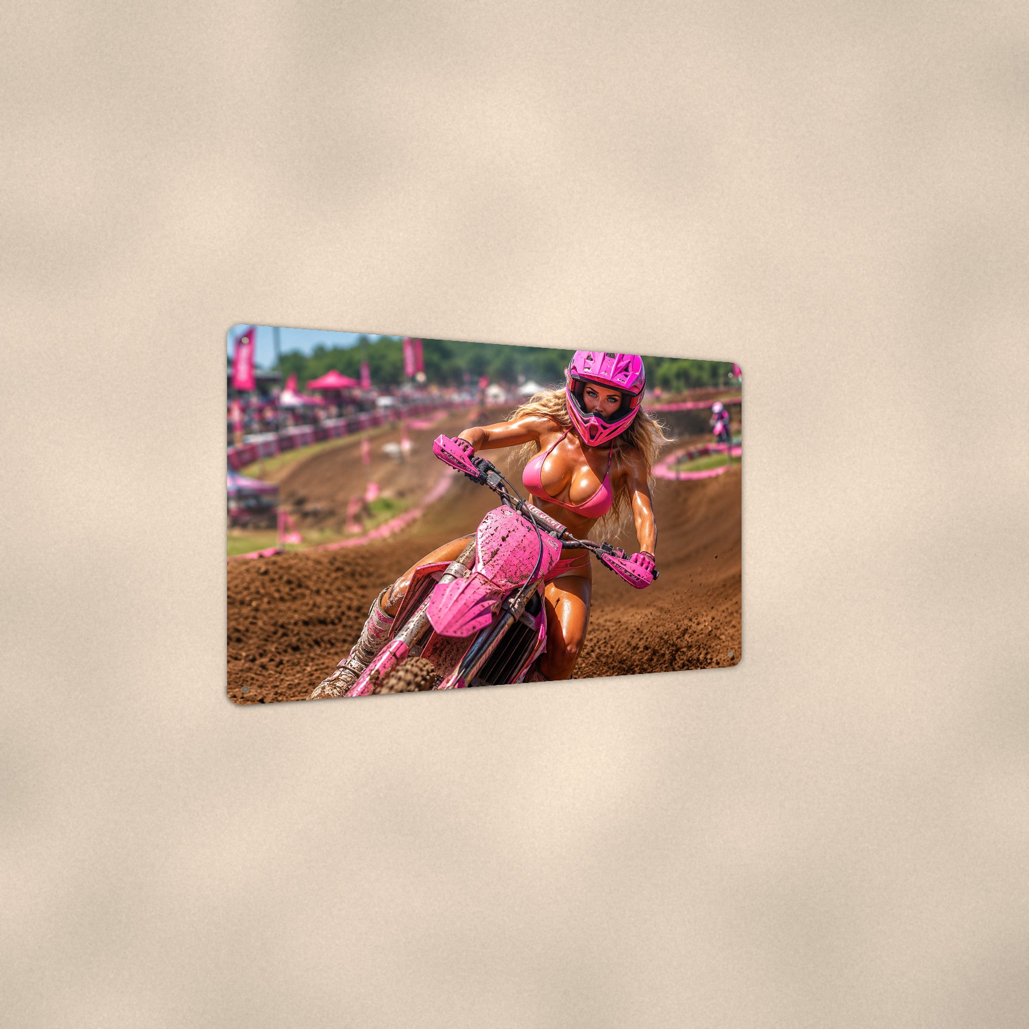 Rider carving a dirt track corner Metal Wall Art, Aluminum Sign, Retro Pinup Wall Decor, Vintage Pin-Up Gift